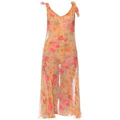 1920S Floral Pink & Yellow Silk Chiffon Dress Many Holes But Strong Wearable