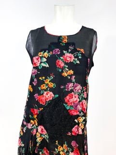 1920s Floral Printed Chiffon Drop-waist Dress with Lace Accents