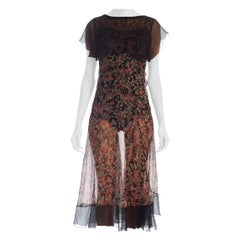1920s Floral Silk Chiffon Dress With Black Chiffon 
Lace Details
