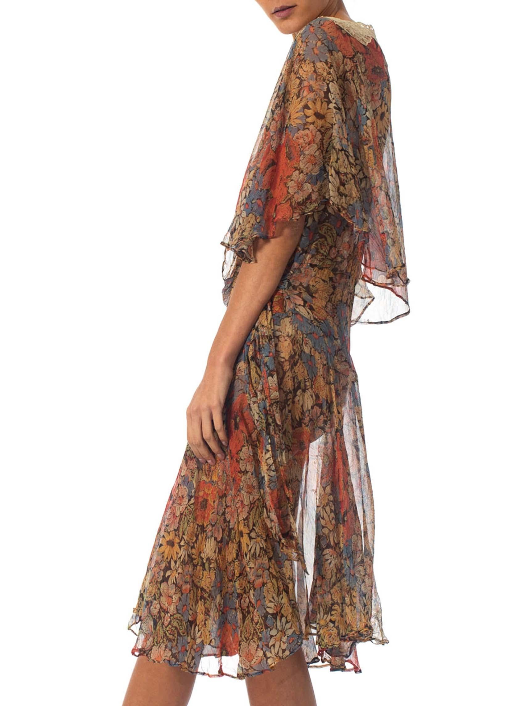 Brown 1920S Earth Tone Floral Silk Mousseline Dress With Lace Collar & Caped Bodice For Sale