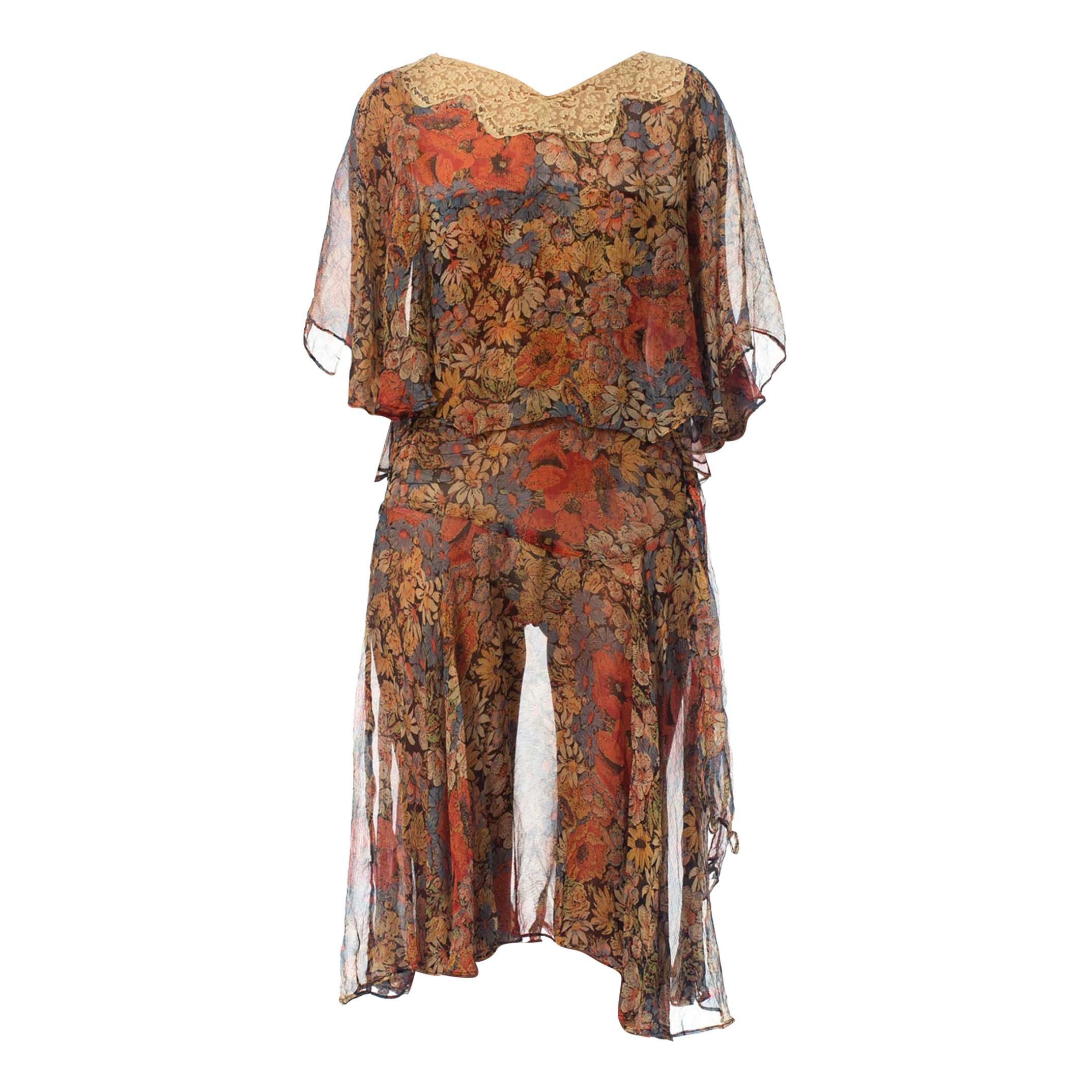 1920S Earth Tone Floral Silk Mousseline Dress With Lace Collar & Caped Bodice For Sale