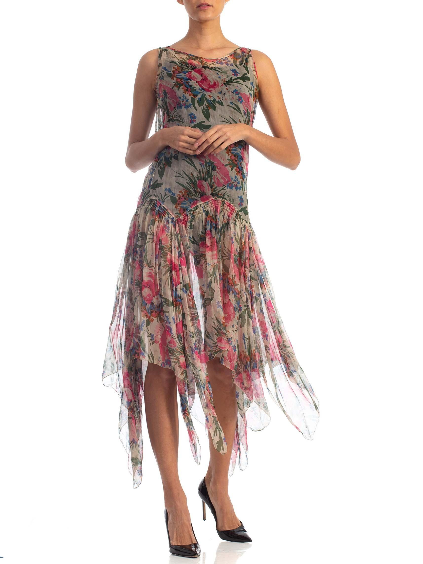 1920S Floral Silk Chiffon Drop Waist Garden Party  Dress With Floaty Handkerchi 2