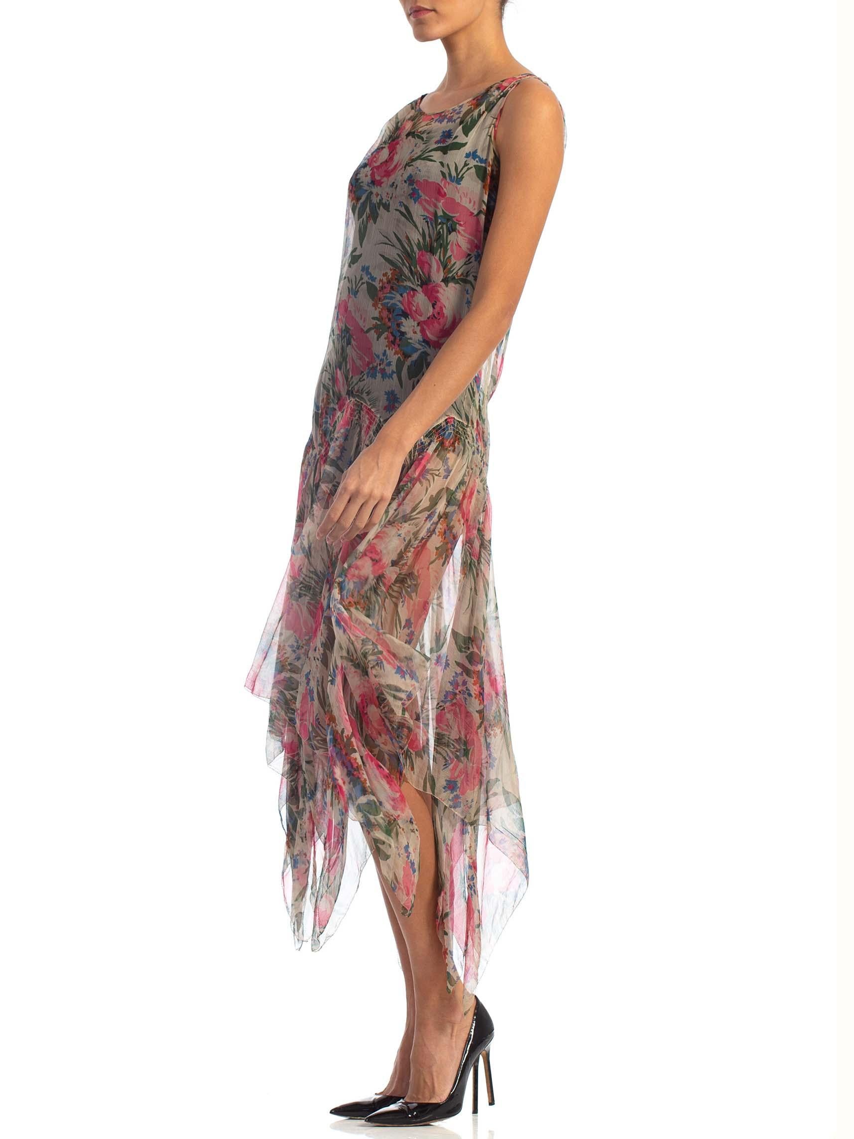 1920S Floral Silk Chiffon Drop Waist Garden Party  Dress With Floaty Handkerchief Hem