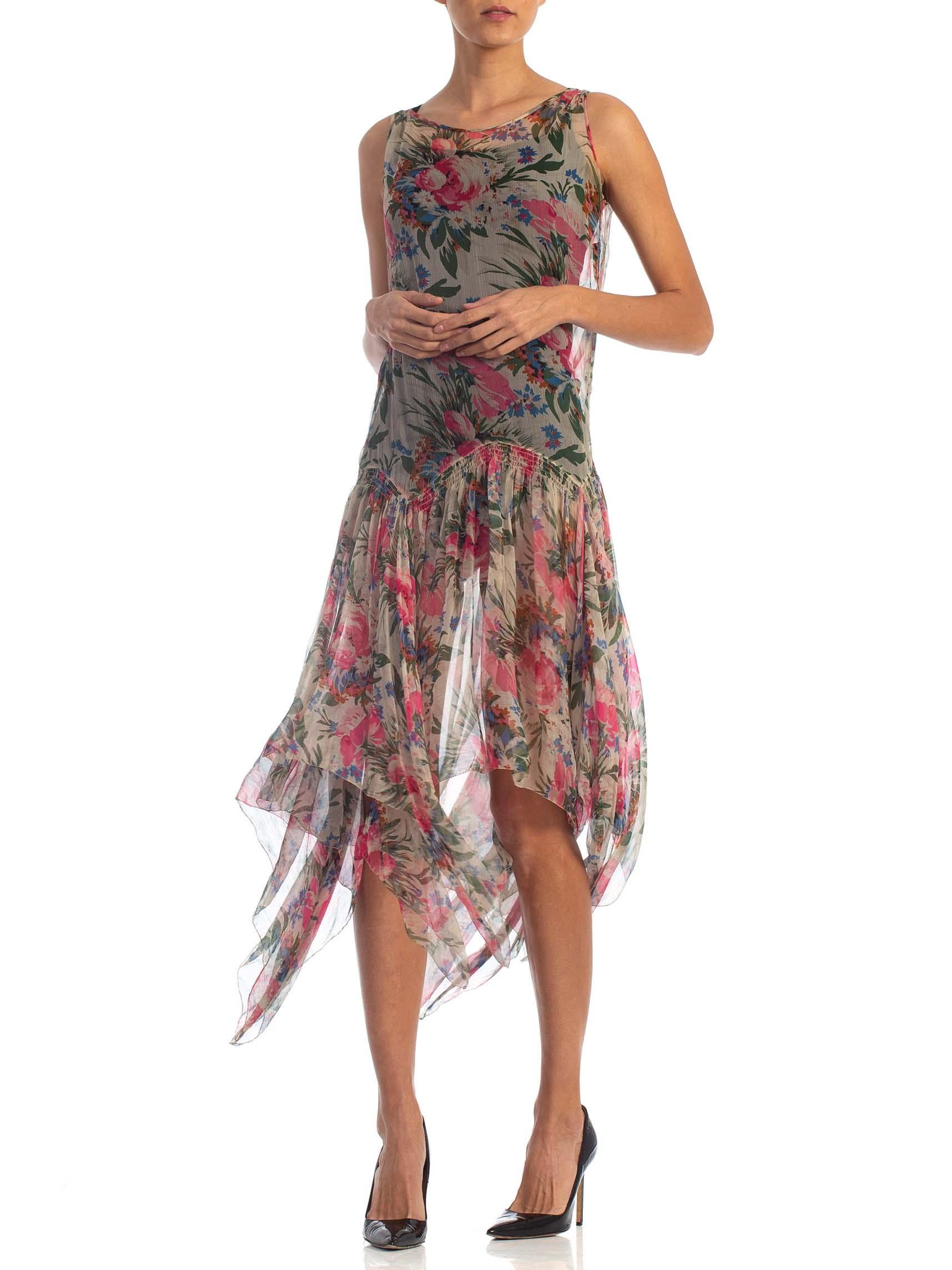 Gray 1920S Floral Silk Chiffon Drop Waist Garden Party  Dress With Floaty Handkerchi