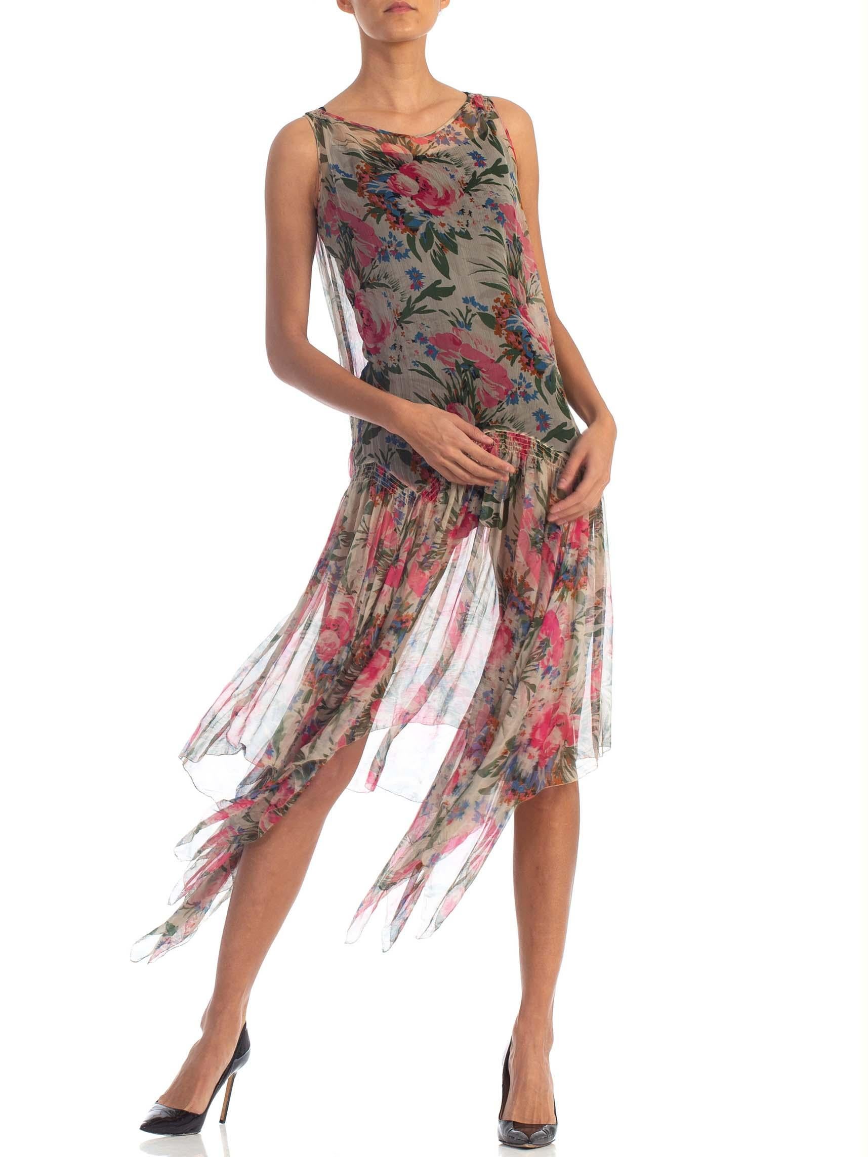 1920S Floral Silk Chiffon Drop Waist Garden Party  Dress With Floaty Handkerchi In Excellent Condition In New York, NY