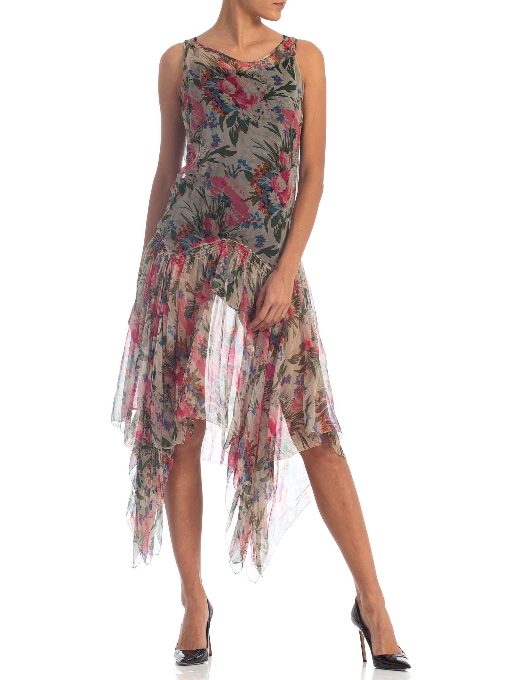 Women's 1920S Floral Silk Chiffon Drop Waist Garden Party  Dress With Floaty Handkerchi