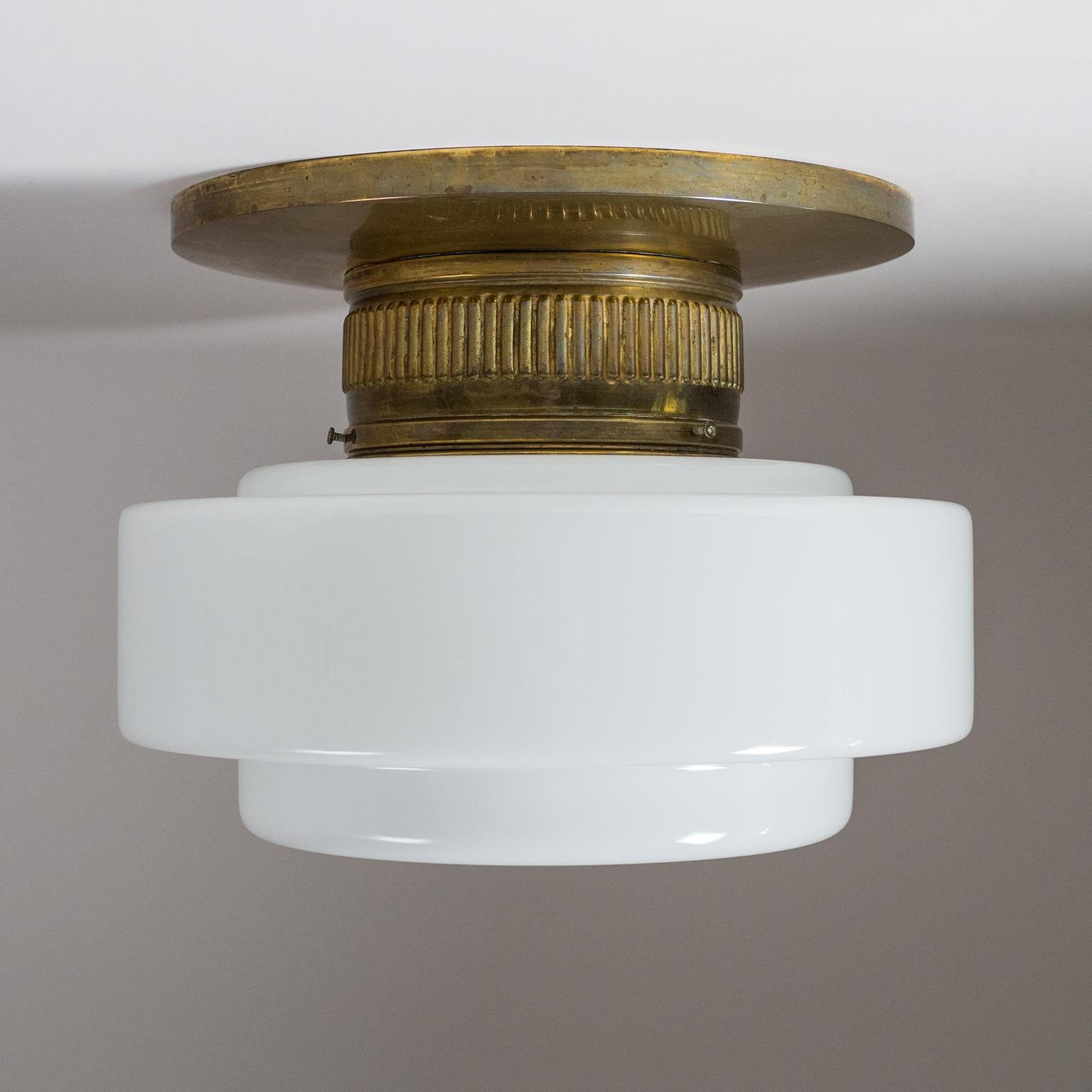 Early 20th Century 1920s Flush Mount, Brass and Milk Glass