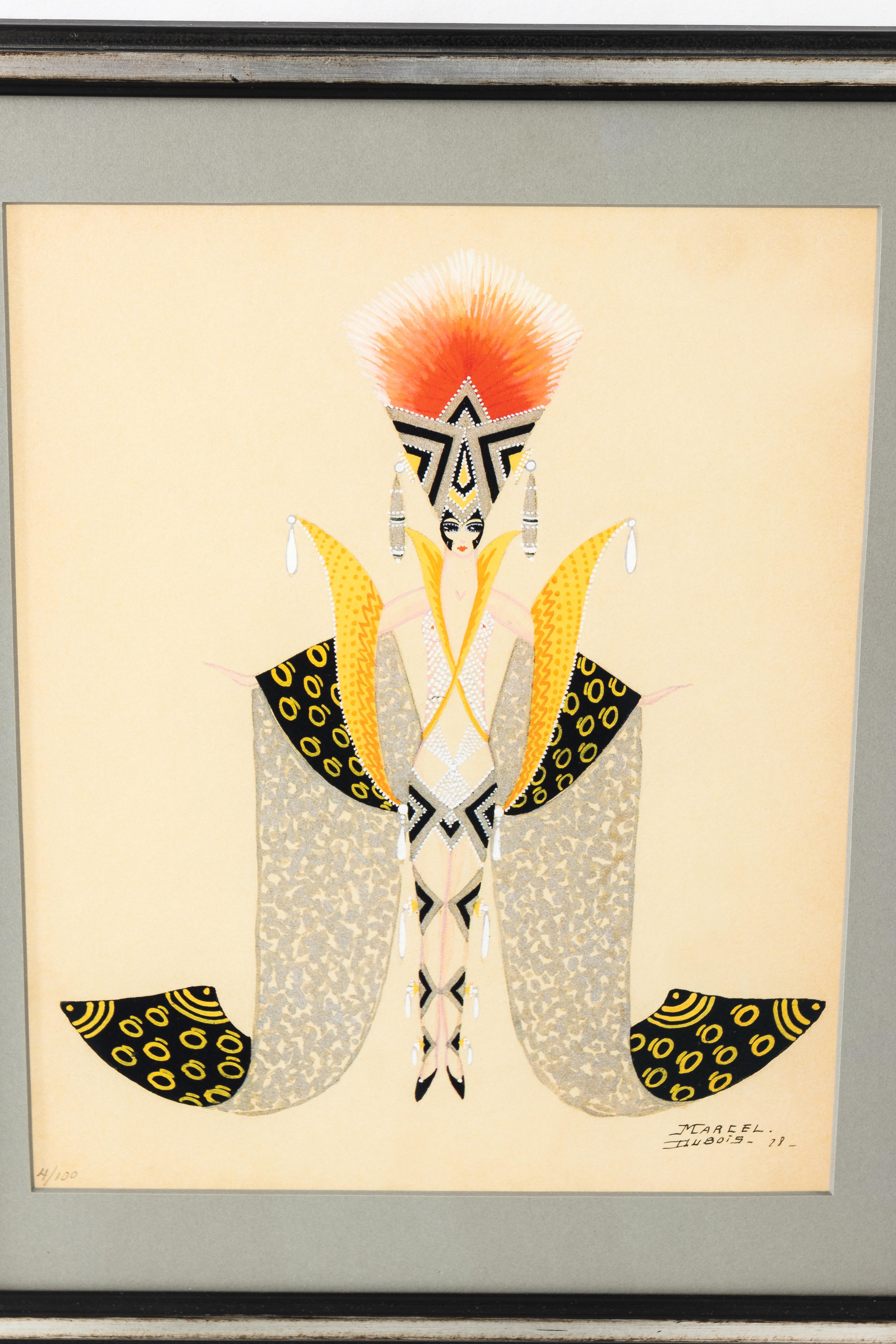 Newly framed follies bergere costume illustration by Marcel DuBois. Costume N5, no. 1028 chorus girl in black, white and orange costume. Number 4/100. Iris print, 2001. Print is 10