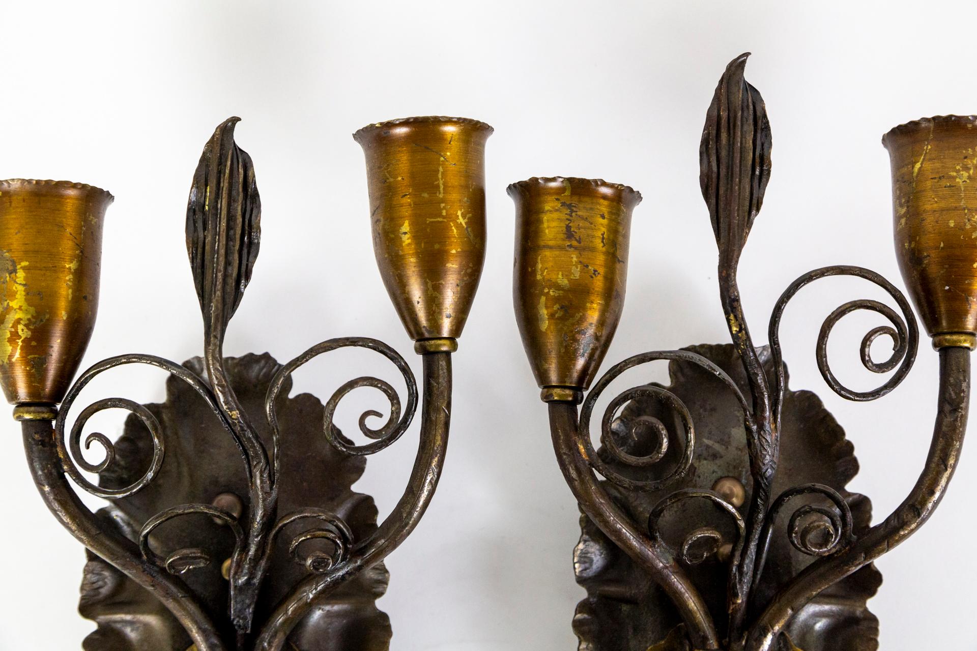 1920s Forged Metal Rustic 2-Arm Leaf & Curl Sconces- Pair For Sale 6