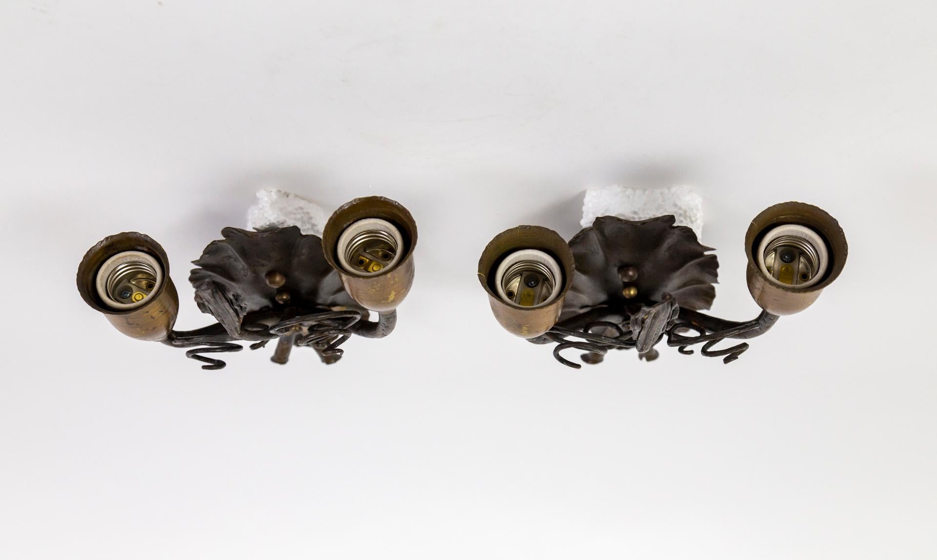 1920s Forged Metal Rustic 2-Arm Leaf & Curl Sconces- Pair For Sale 8
