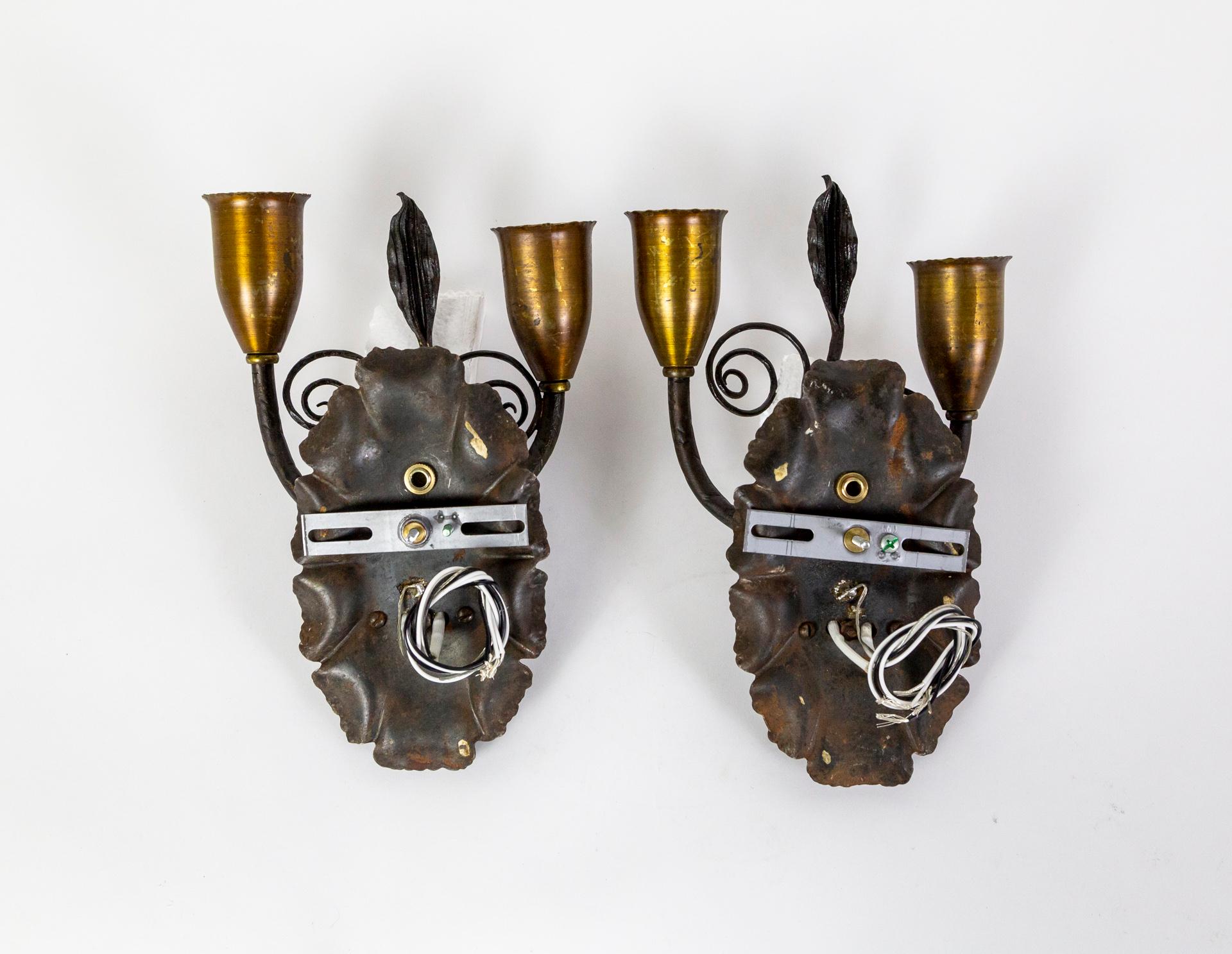 1920s Forged Metal Rustic 2-Arm Leaf & Curl Sconces- Pair For Sale 8