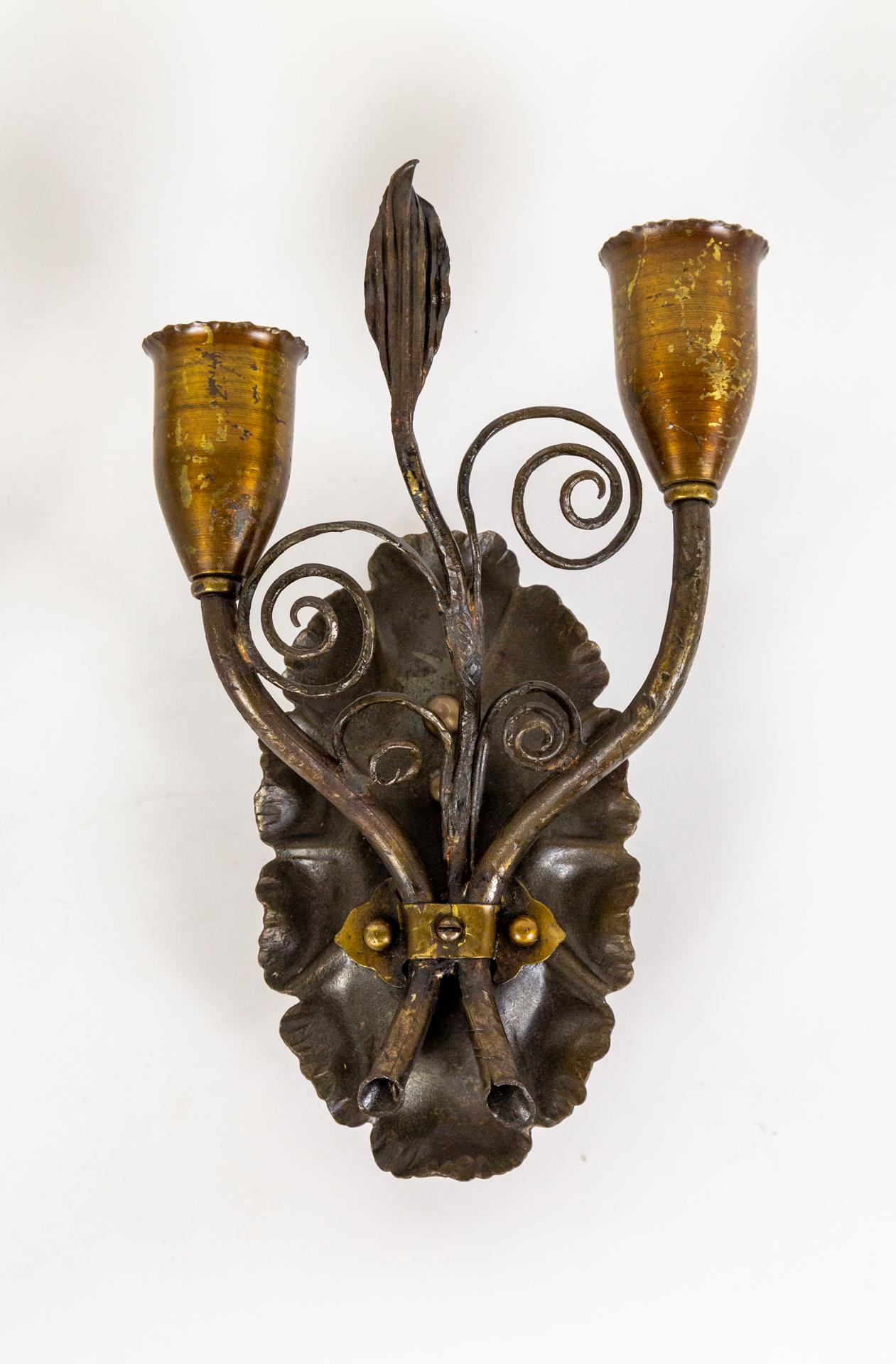 1920s Forged Metal Rustic 2-Arm Leaf & Curl Sconces- Pair In Good Condition For Sale In San Francisco, CA