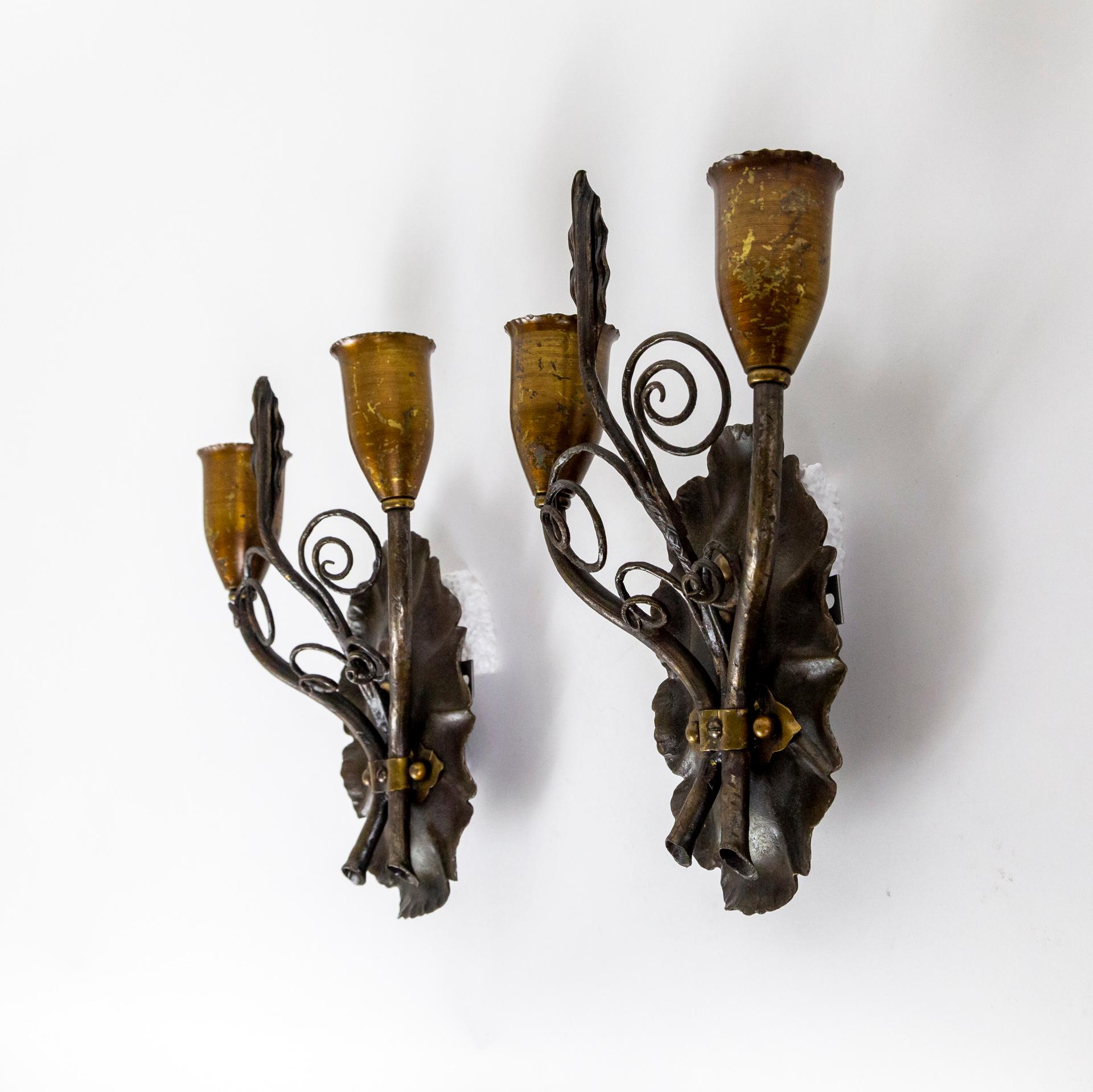 20th Century 1920s Forged Metal Rustic 2-Arm Leaf & Curl Sconces- Pair For Sale