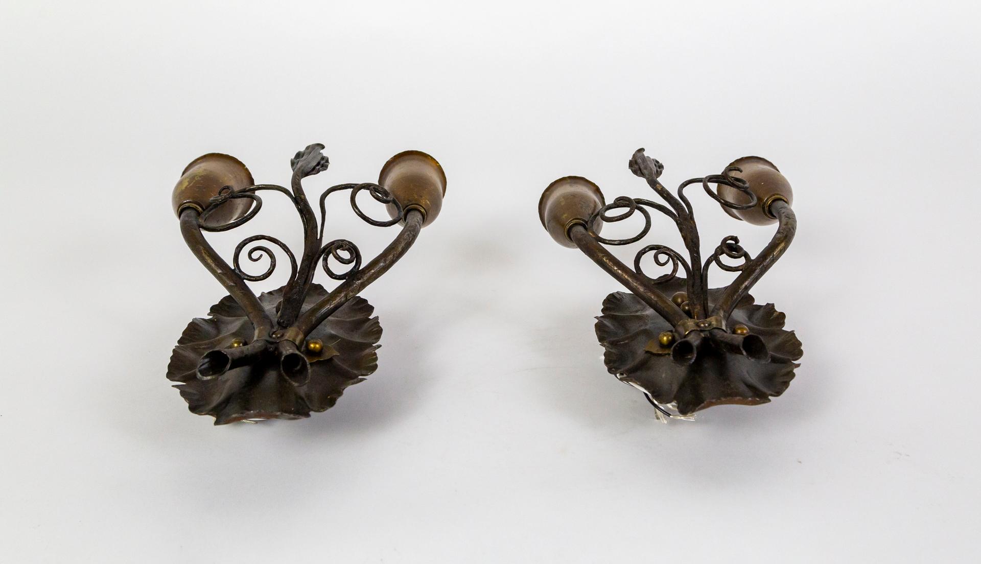 1920s Forged Metal Rustic 2-Arm Leaf & Curl Sconces- Pair For Sale 1