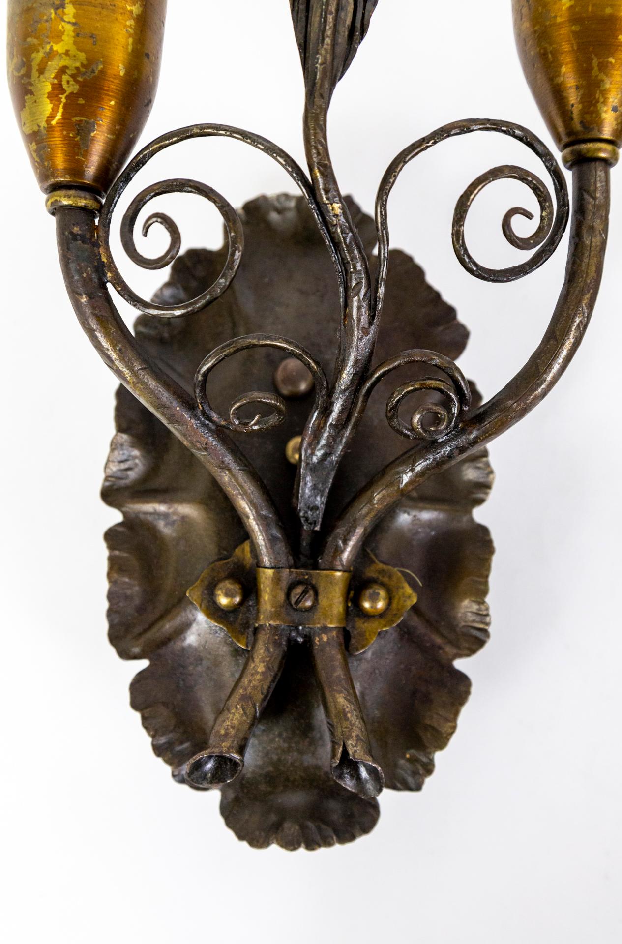 1920s Forged Metal Rustic 2-Arm Leaf & Curl Sconces- Pair For Sale 3
