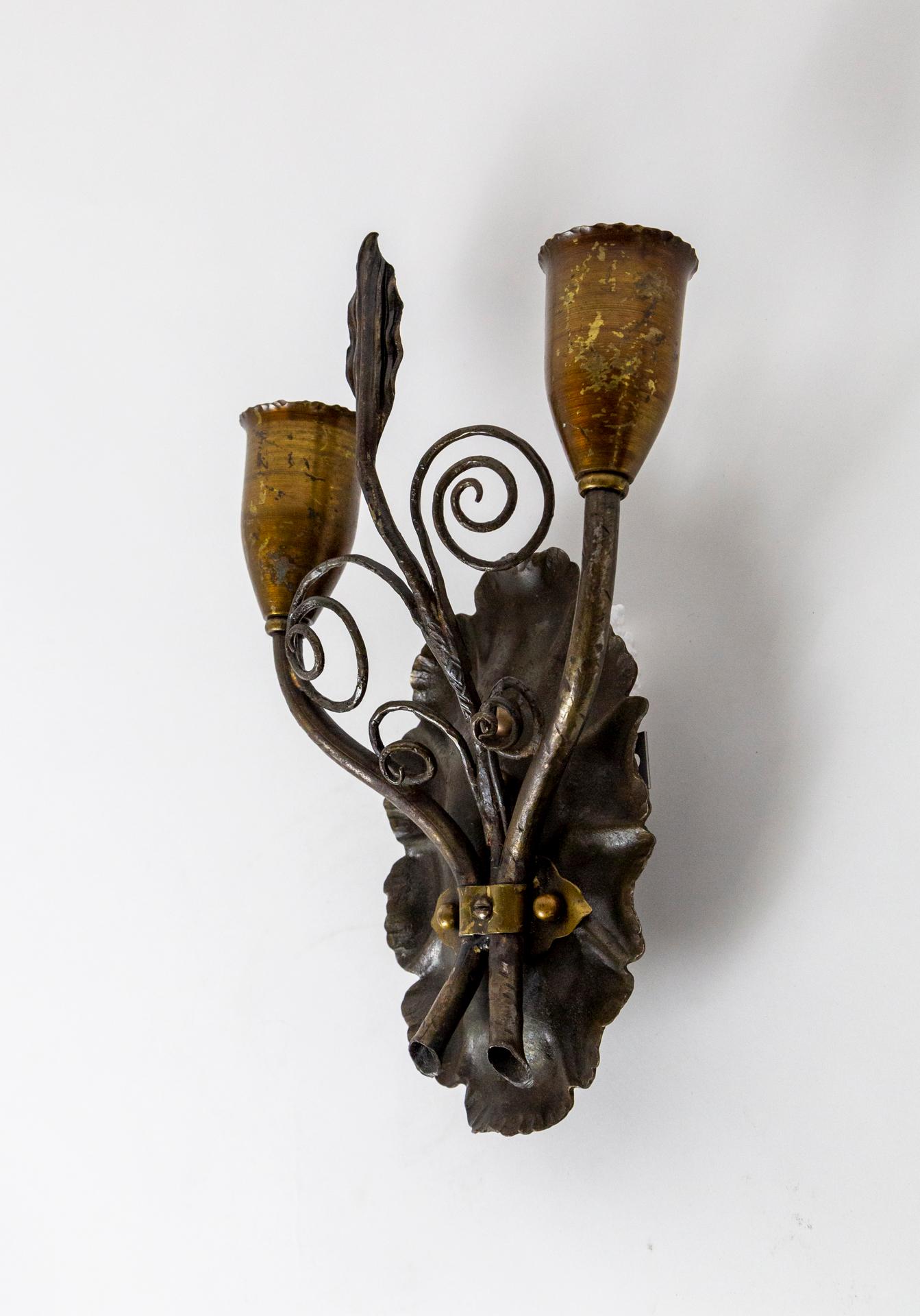 1920s Forged Metal Rustic 2-Arm Leaf & Curl Sconces- Pair For Sale 4