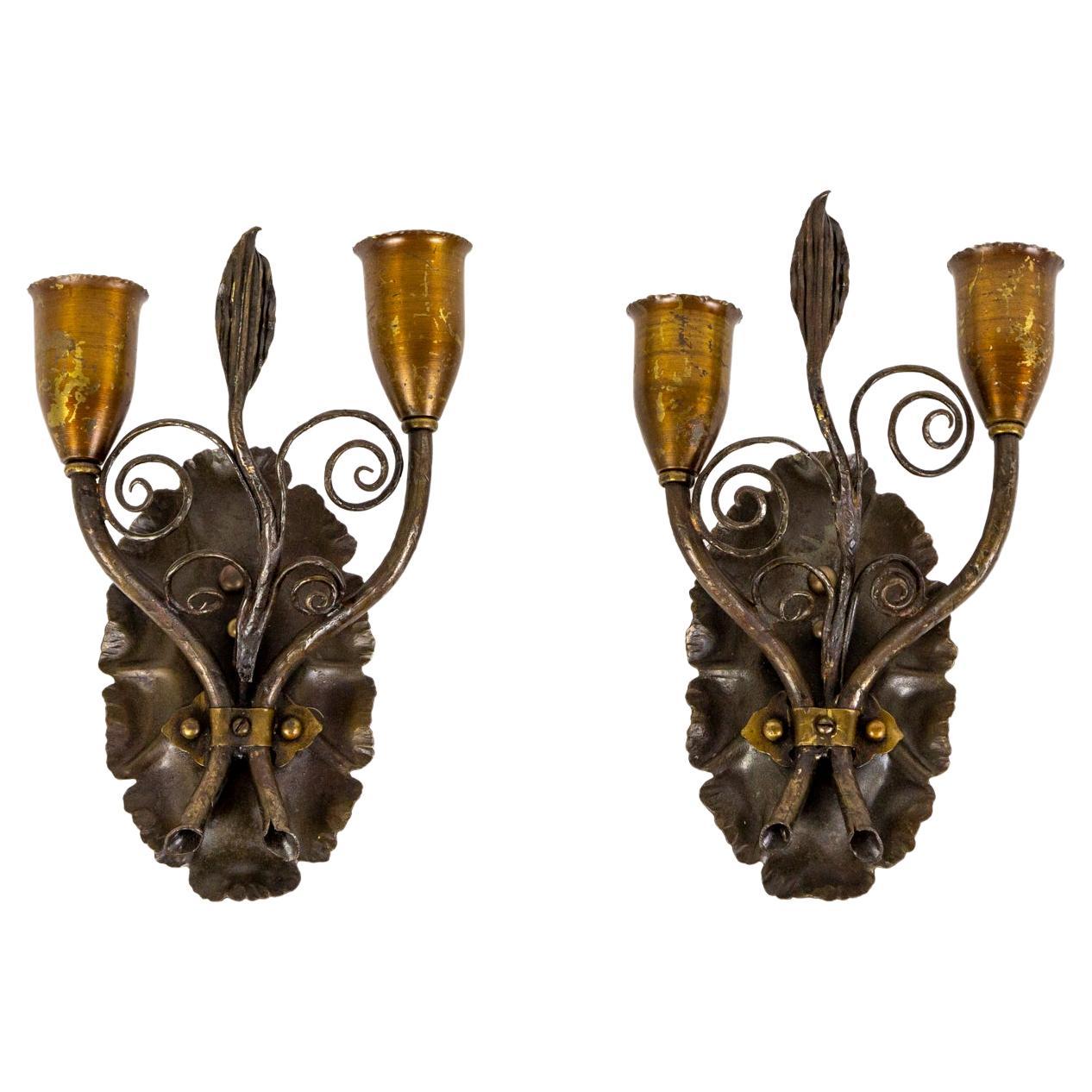 1920s Forged Metal Rustic 2-Arm Leaf & Curl Sconces- Pair For Sale