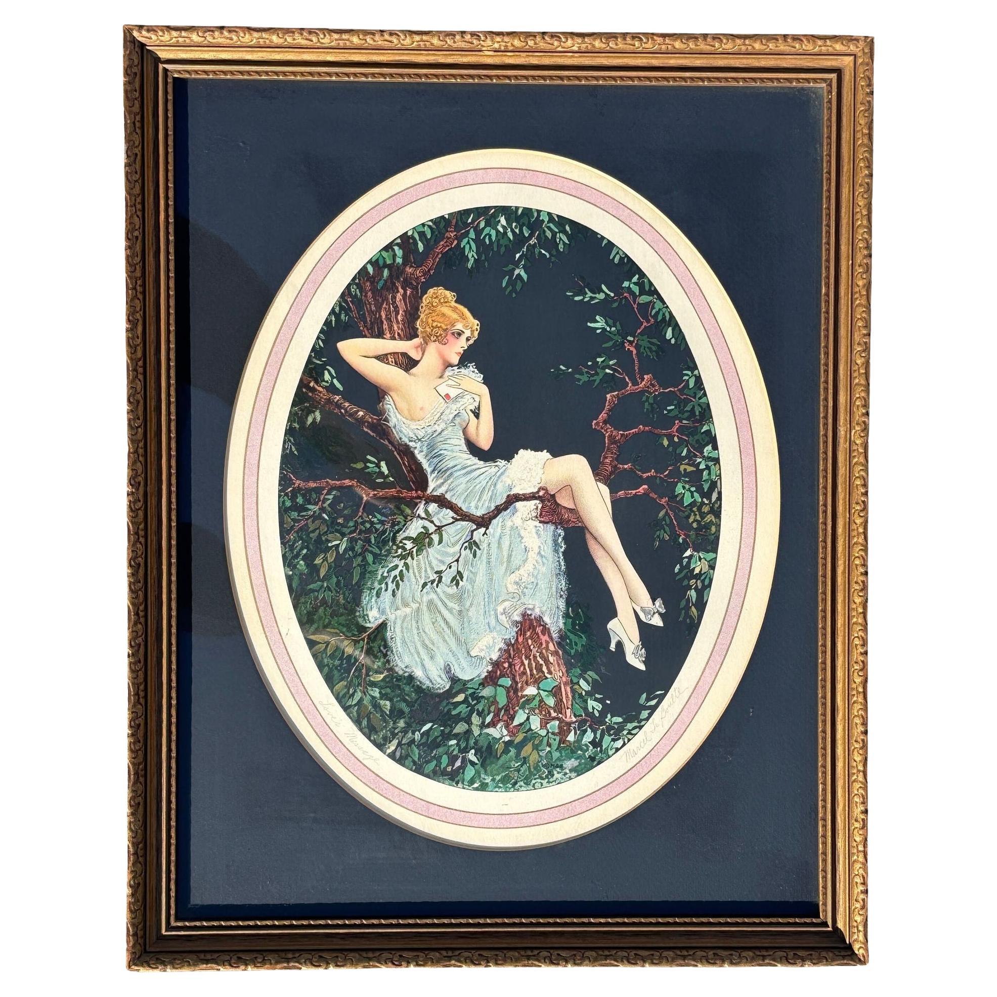 Obra de arte francesa enmarcada de los años 20 "Mensaje de enamorados" de Marcel Le Boulte