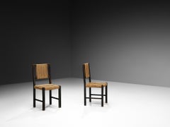 1920s Francis Jourdain Pair of Dining or Side Chairs in Stained Wood and Rush