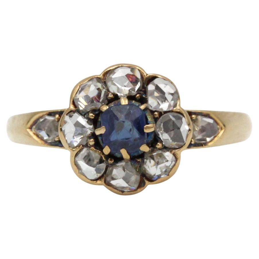 1920s French 18K Yellow Gold Daisy “Marguerite” Ring with 0.40 ct Sapphire & Ros For Sale