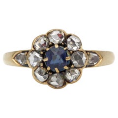 Antique 1920s French 18K Yellow Gold Daisy “Marguerite” Ring with 0.40 ct Sapphire & Ros