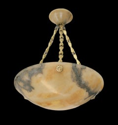 1920s French Art Deco Alabaster Pendant Chandelier with Brass Mount