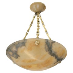 1920s French Art Deco Alabaster Pendant Chandelier with Brass Mount