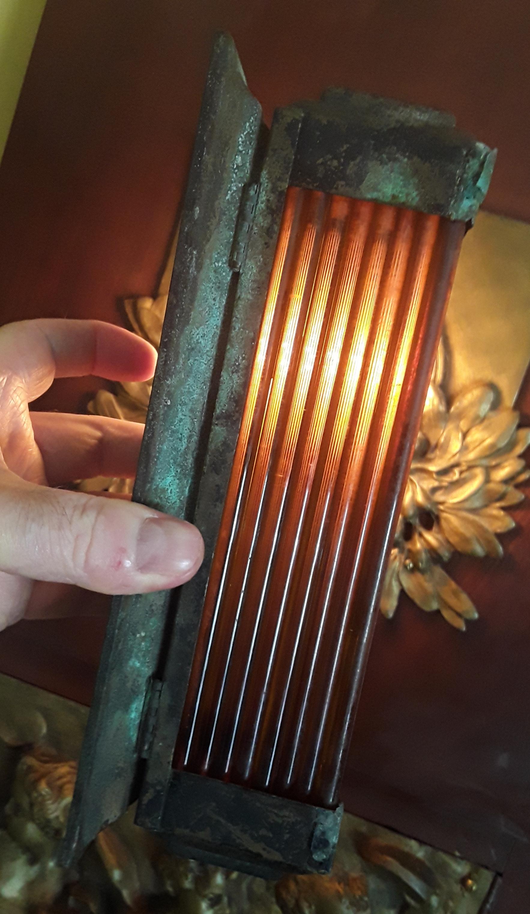 1920s French Art Deco Amber Glass Tube/ Brass Encased Wall Sconce style Petitot In Good Condition For Sale In Opa Locka, FL