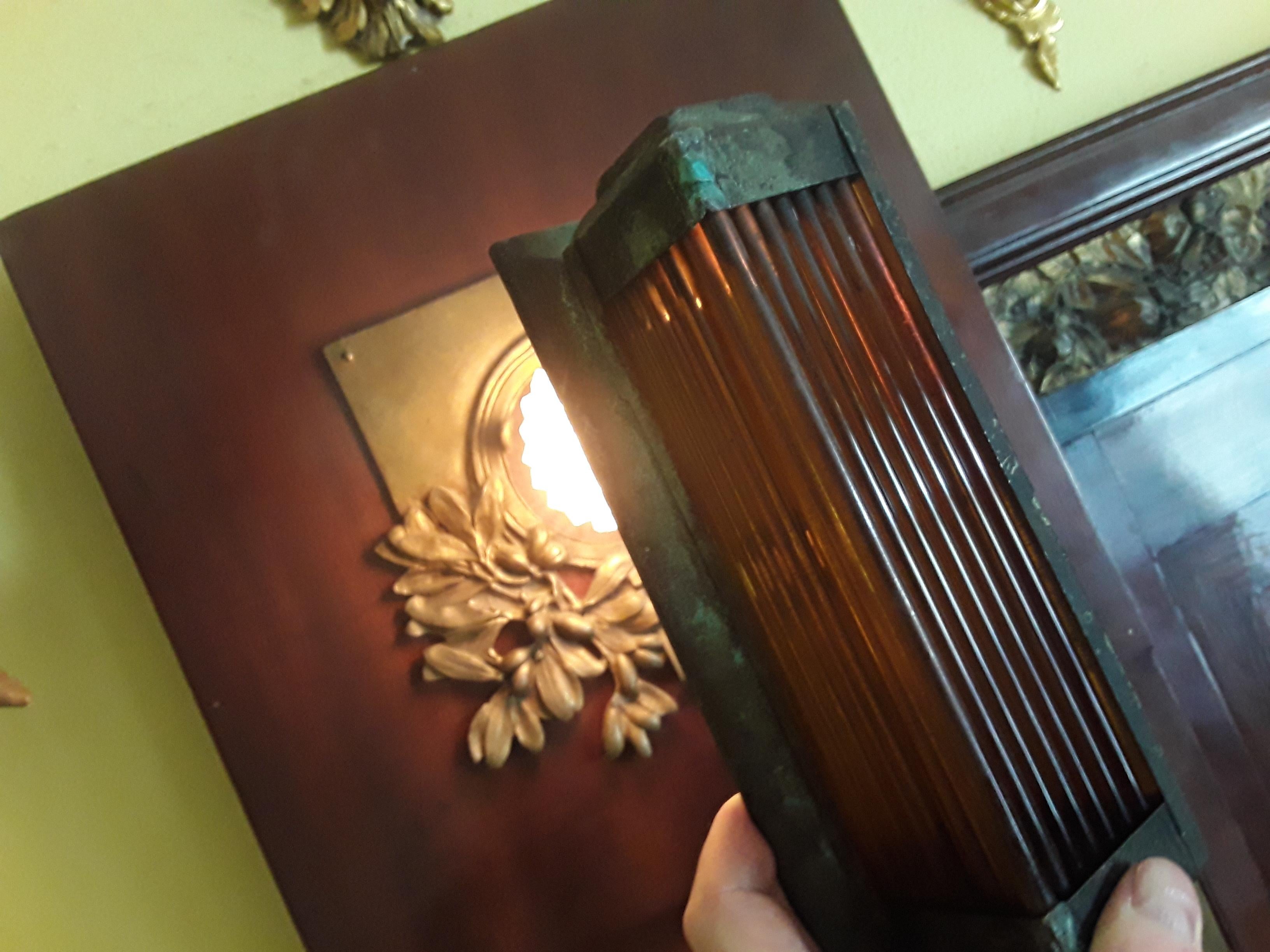 1920s French Art Deco Amber Glass Tube/ Brass Encased Wall Sconce style Petitot For Sale 2