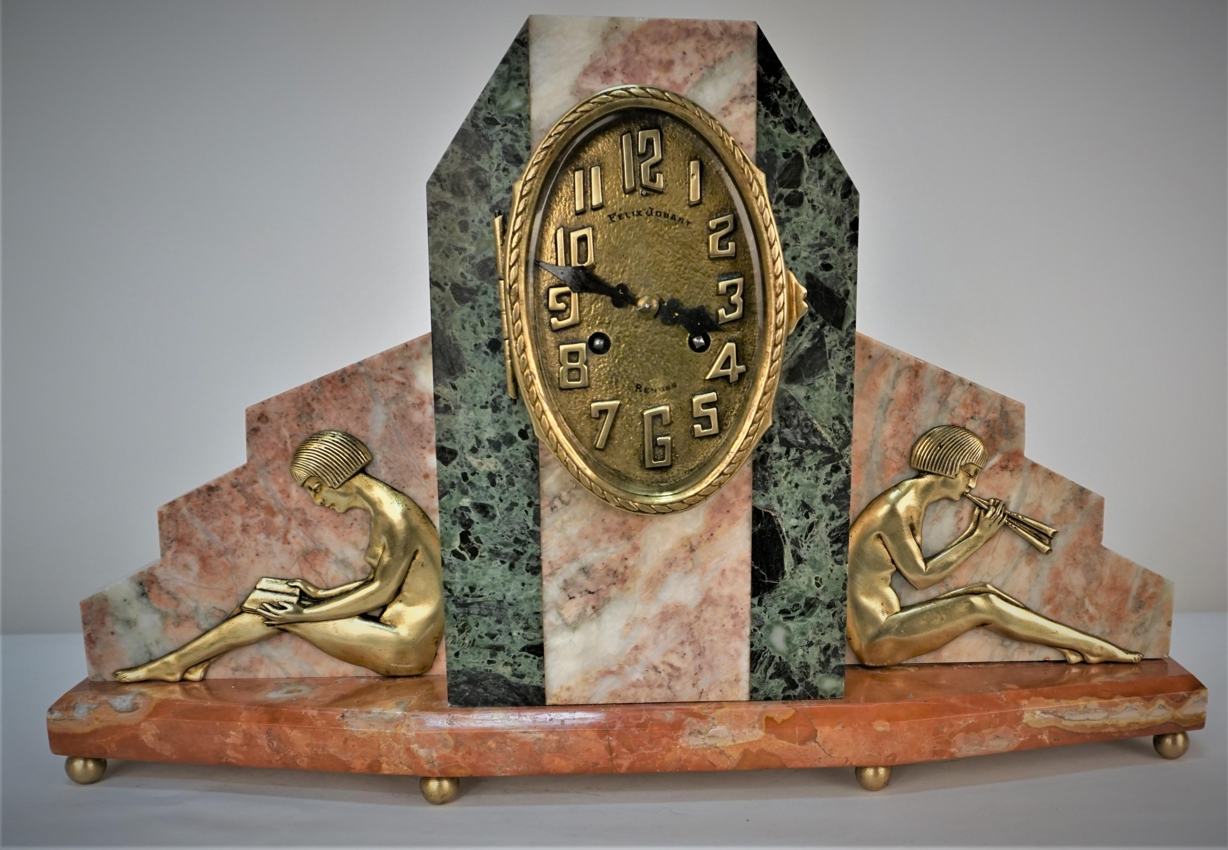  1920's French Art Deco Bronze and Marble Clock For Sale 1