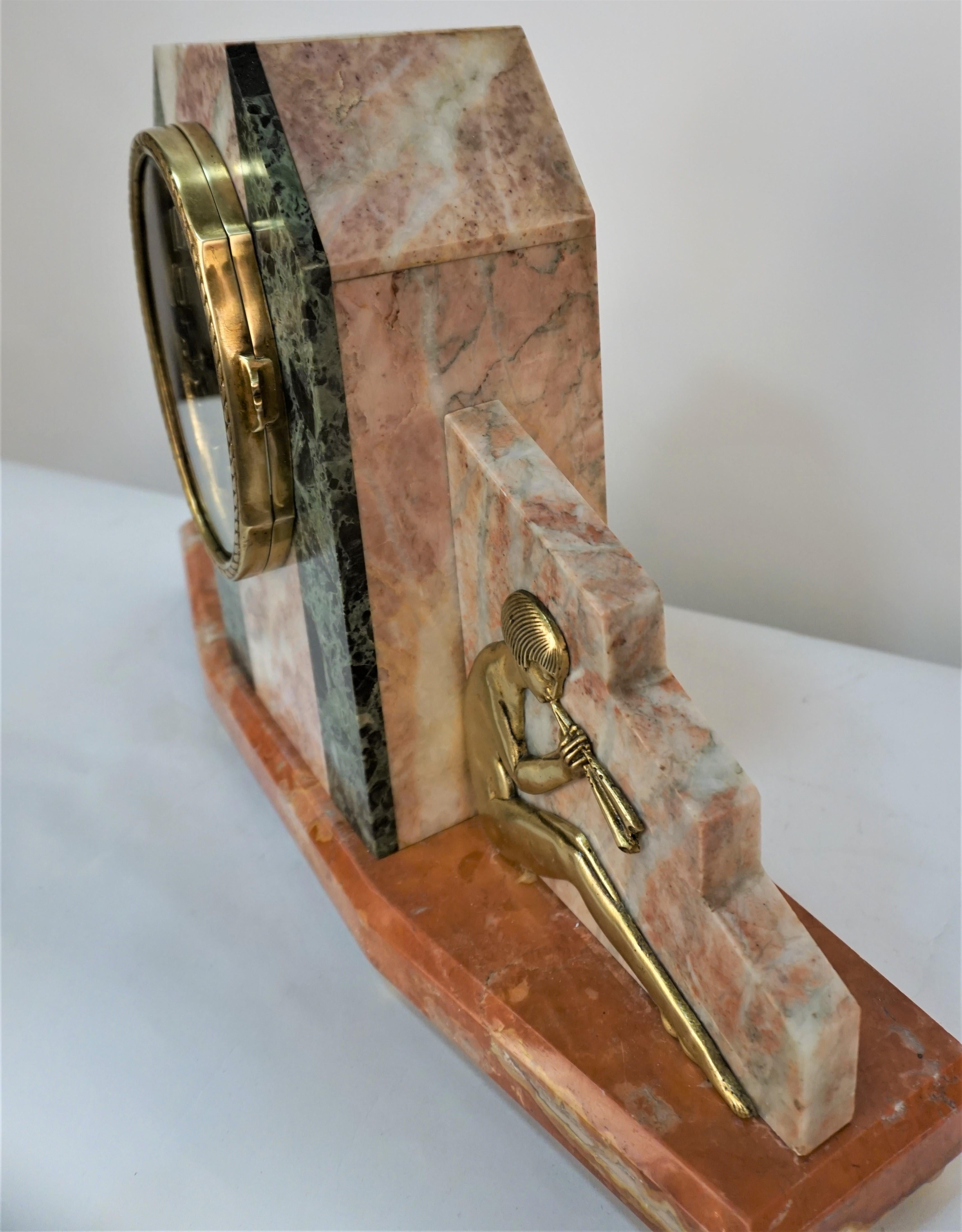  1920's French Art Deco Bronze and Marble Clock For Sale 2