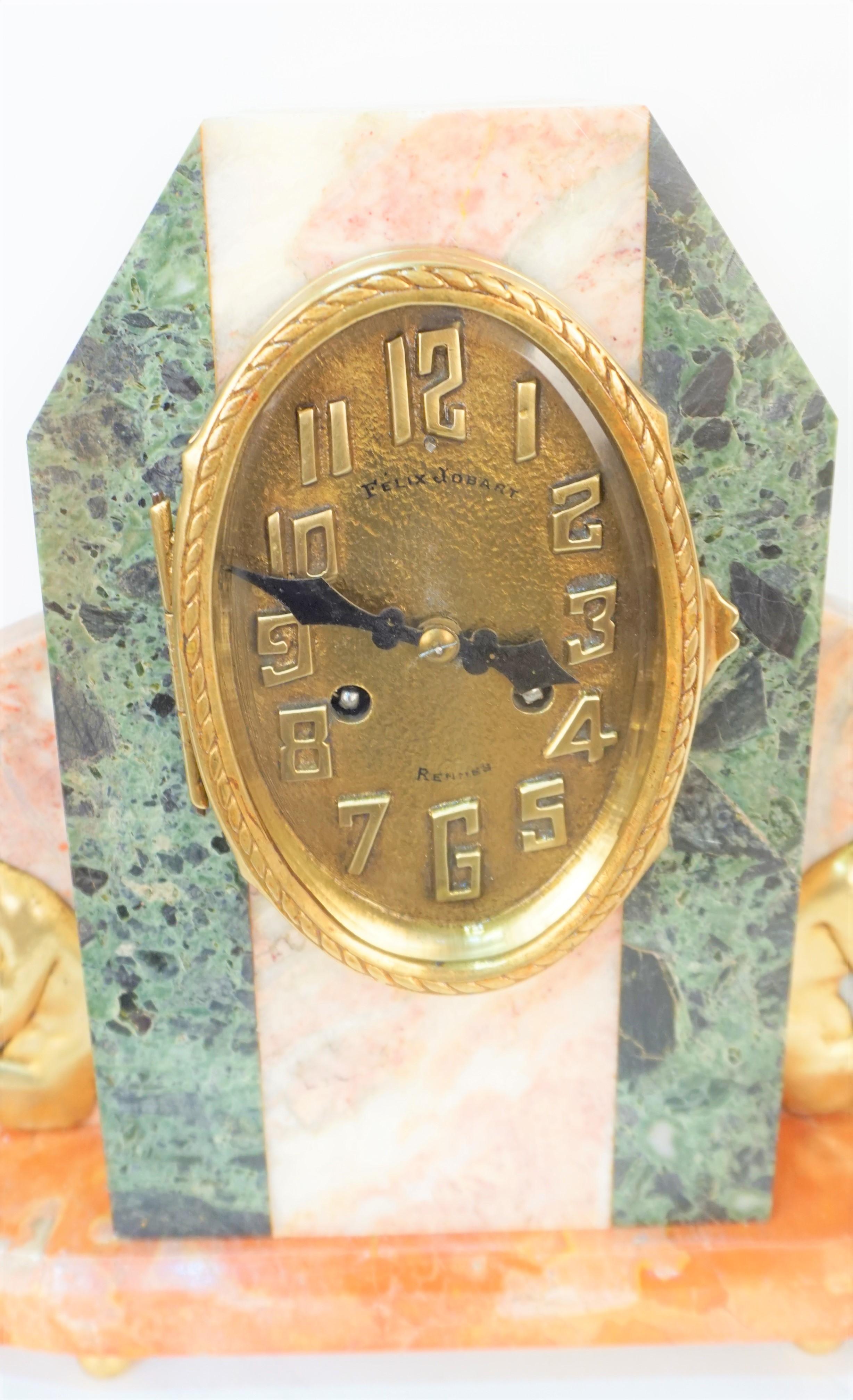  1920's French Art Deco Bronze and Marble Clock For Sale 4