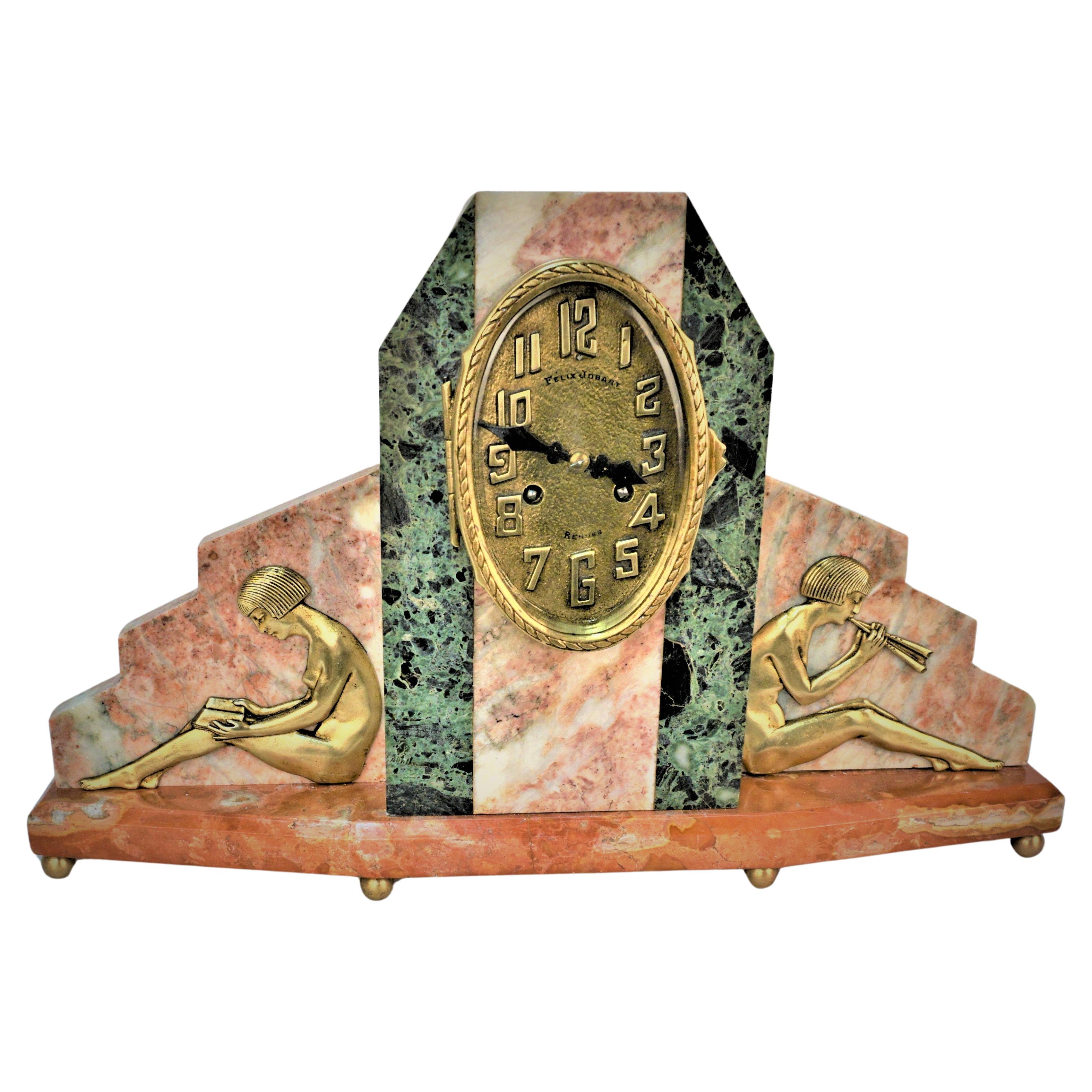  1920's French Art Deco Bronze and Marble Clock For Sale