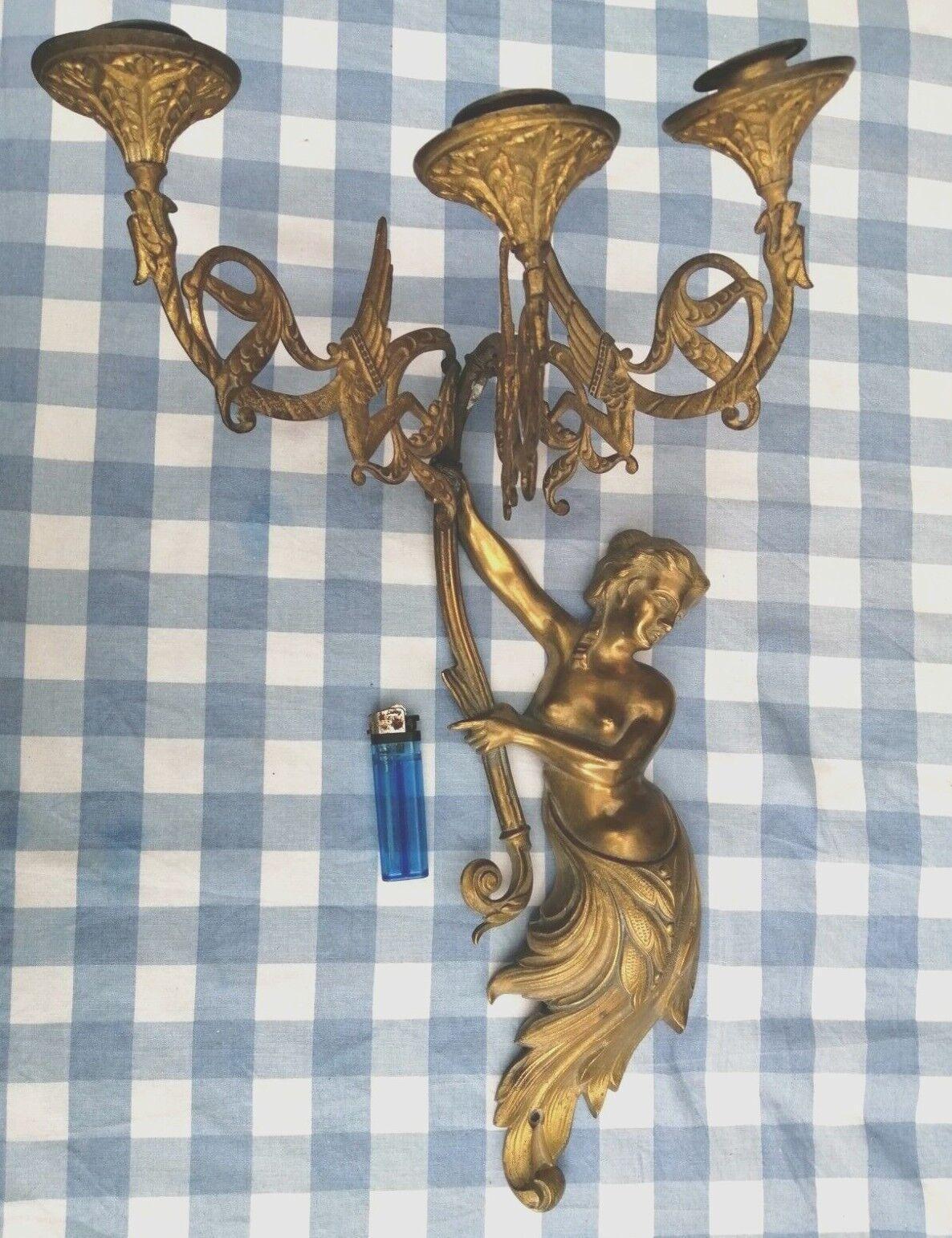 1920's French Art Deco 3 Light Bronze Mermais with Sea Serpents Wall Sconce. Original unelectrified state. Large piece with 3 candle holders.