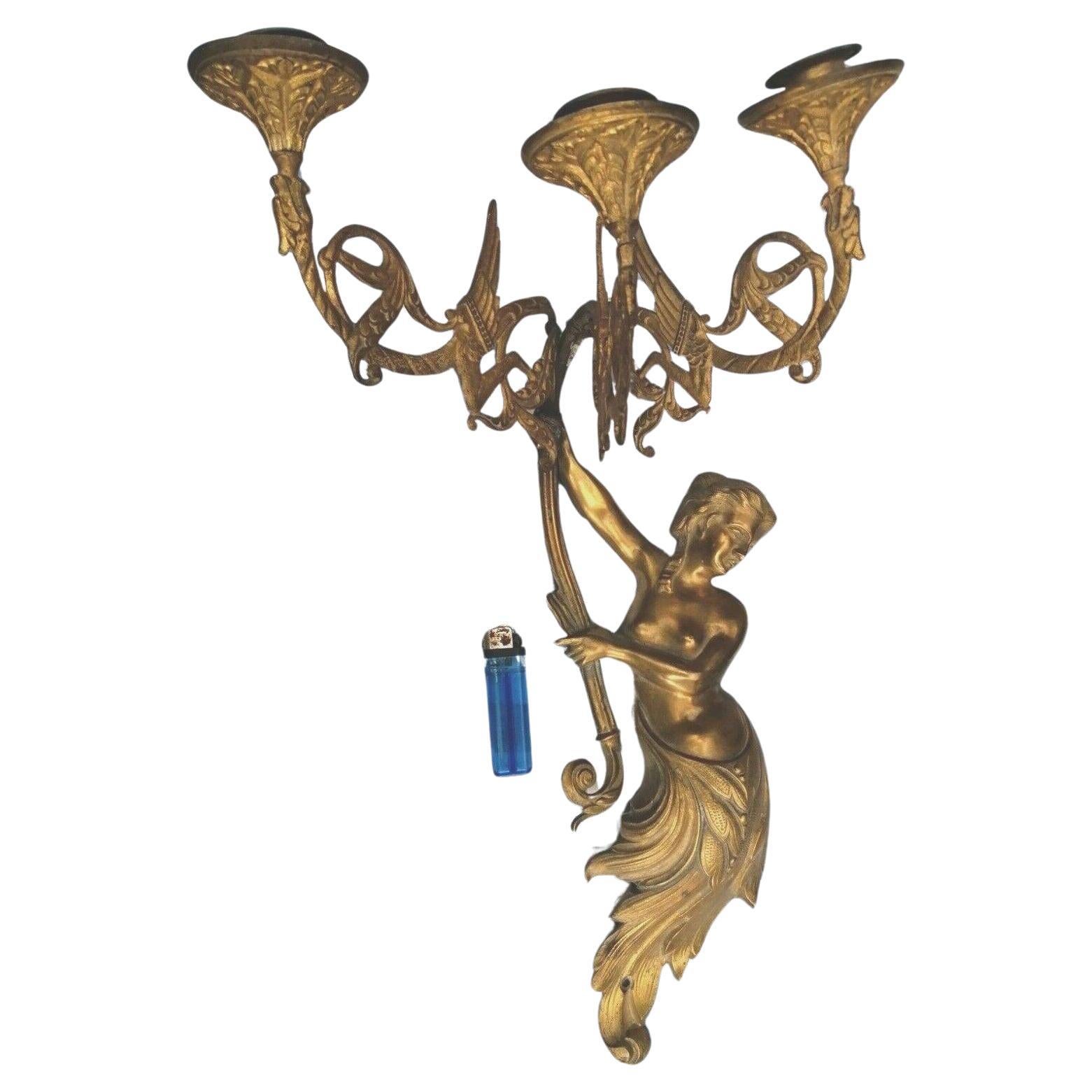 1920s French Art Deco Bronze Mermaid Wi/ Sea Serpents Wall Sconce after Guillema For Sale