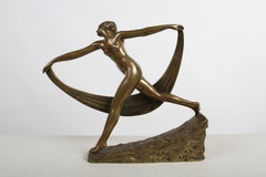 1920s French Art Deco Bronze Nude "Scarf Dancer" Sculpture by Alexandre Kéléty