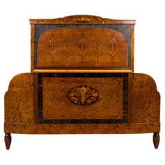 1920s French Art Deco Burl Walnut Full Size Bed Frame