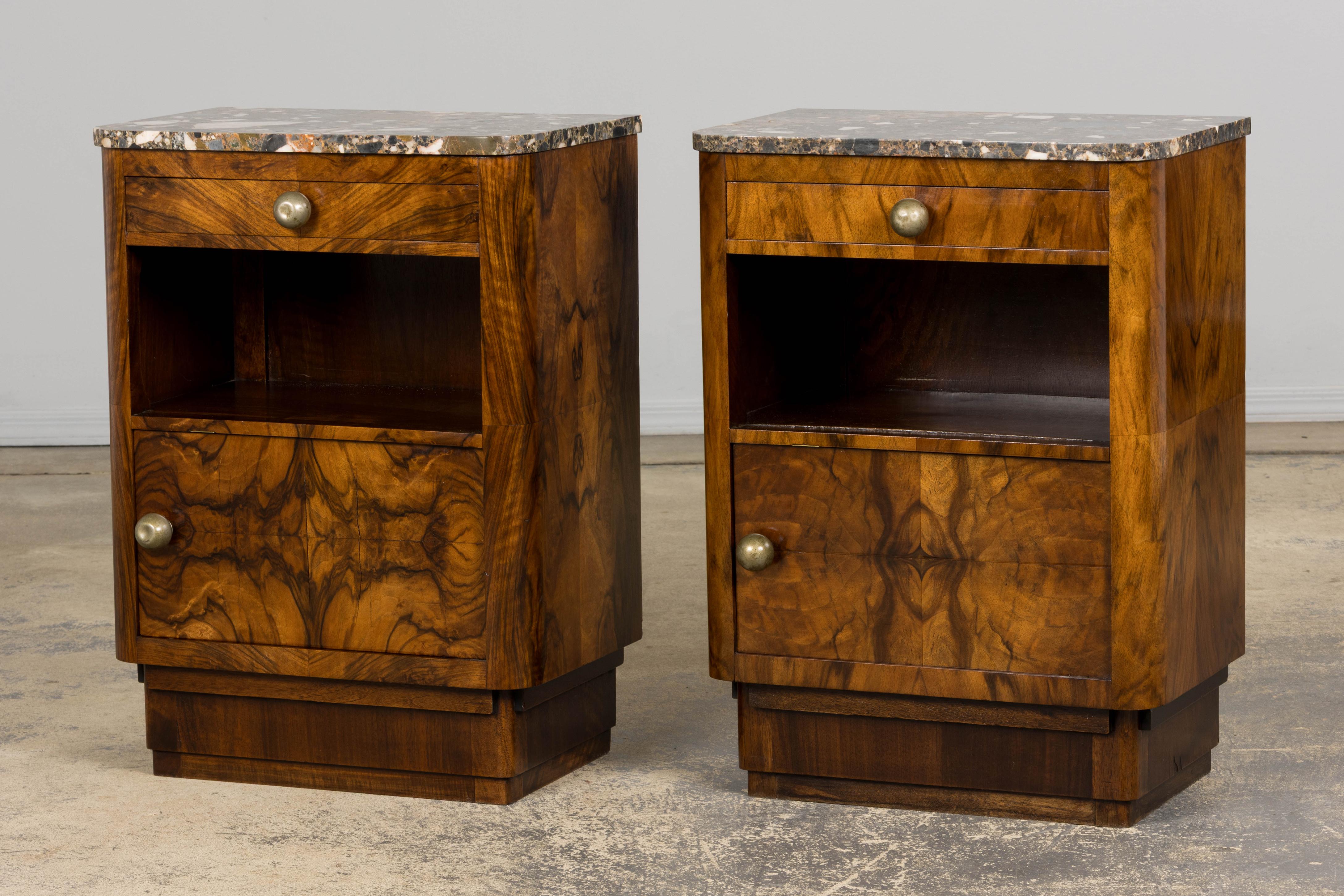 1920s French Art Deco Burl Walnut Nightstands or Side Tables W/ Marble  - A Pair For Sale 7