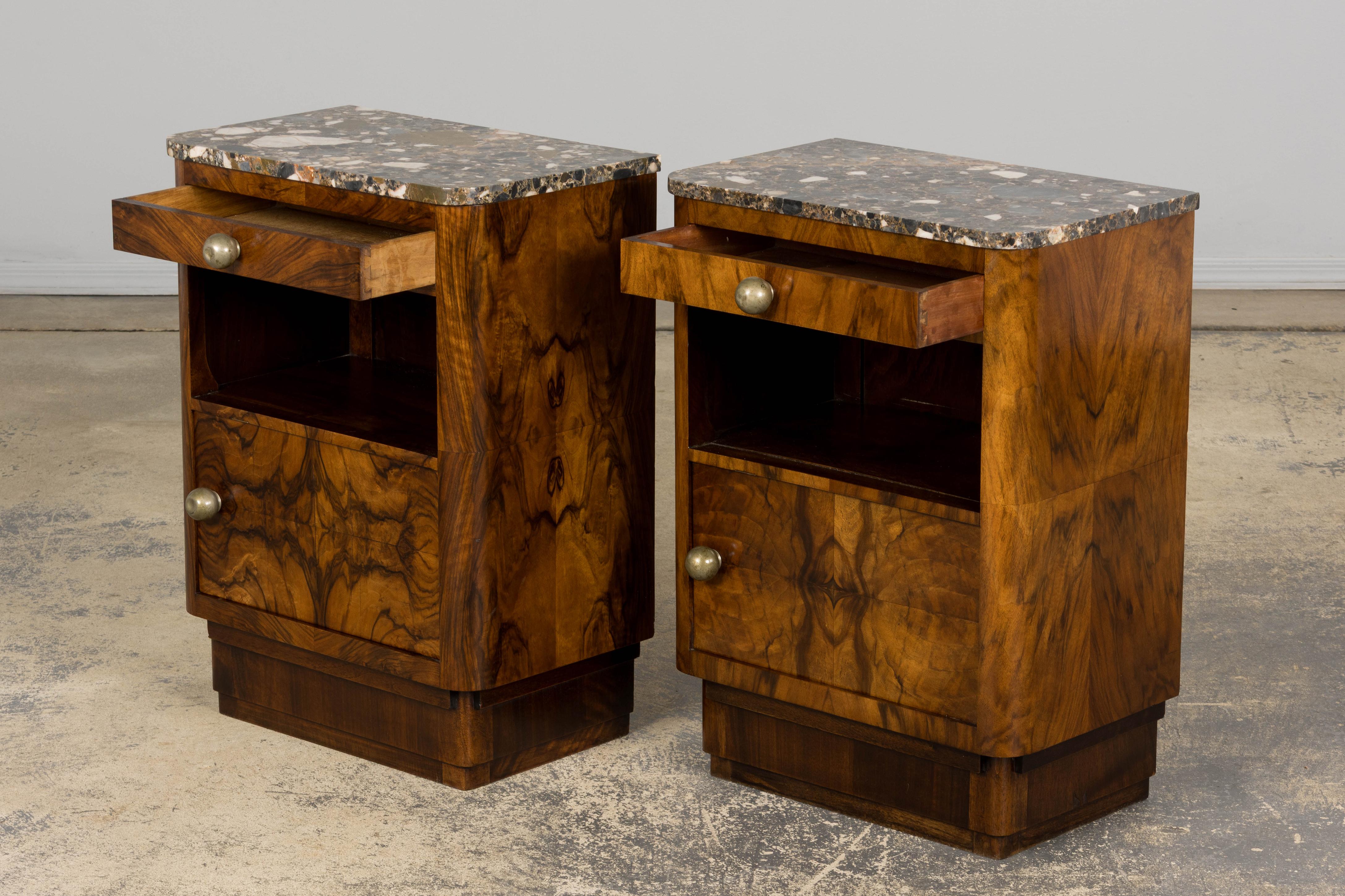 1920s French Art Deco Burl Walnut Nightstands or Side Tables W/ Marble  - A Pair For Sale 8