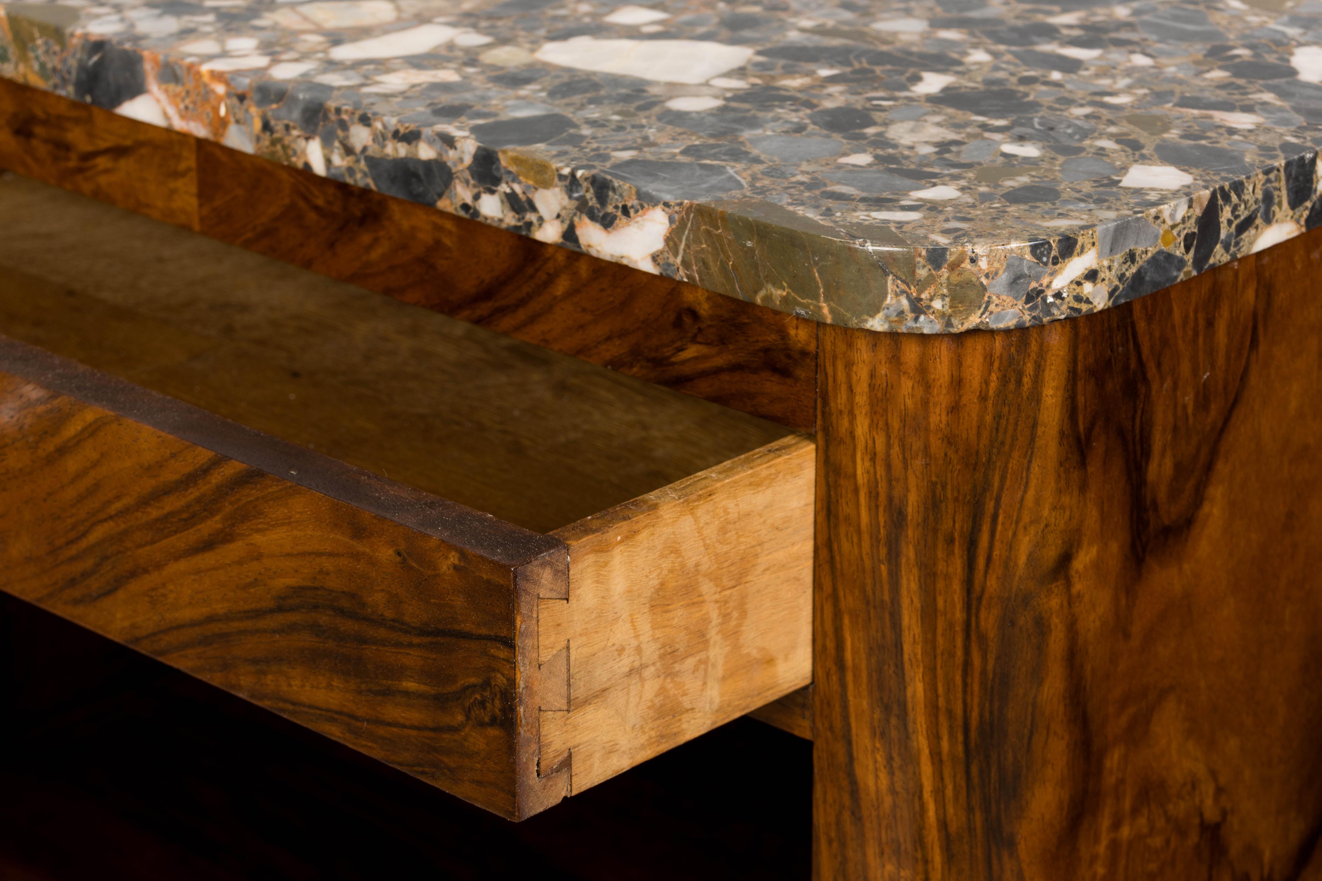 1920s French Art Deco Burl Walnut Nightstands or Side Tables W/ Marble  - A Pair For Sale 9