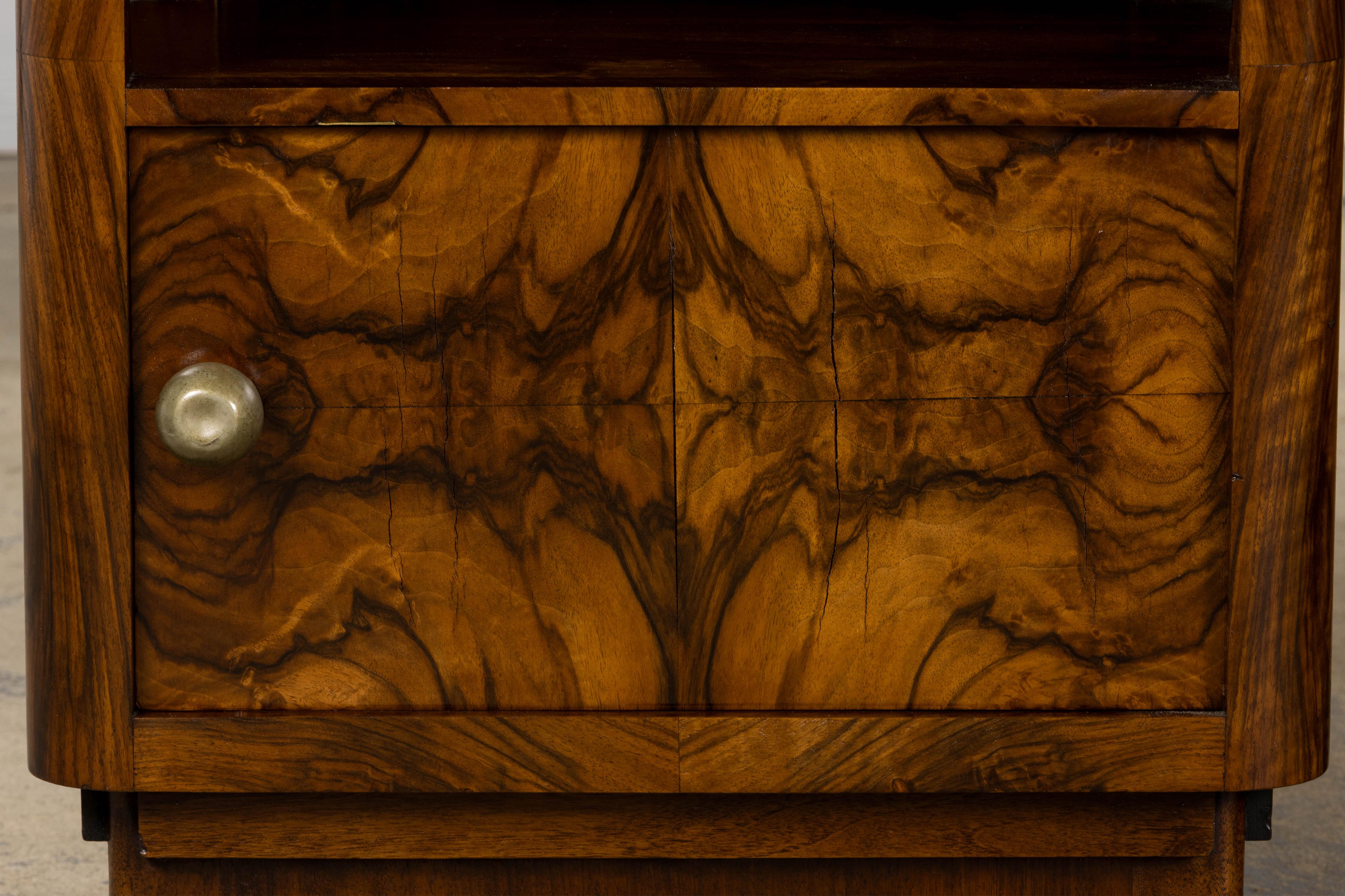 1920s French Art Deco Burl Walnut Nightstands or Side Tables W/ Marble  - A Pair For Sale 11