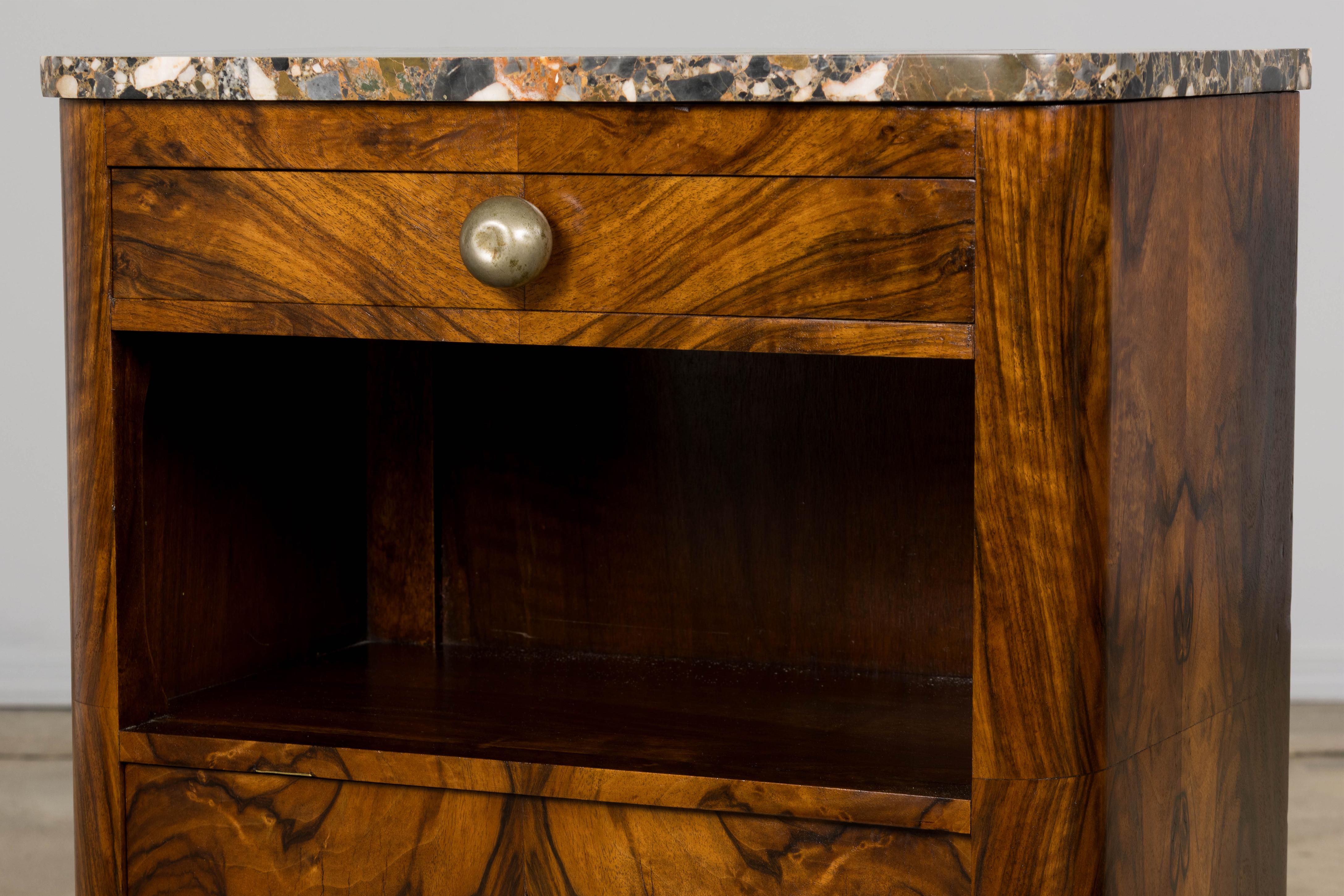 1920s French Art Deco Burl Walnut Nightstands or Side Tables W/ Marble  - A Pair For Sale 13