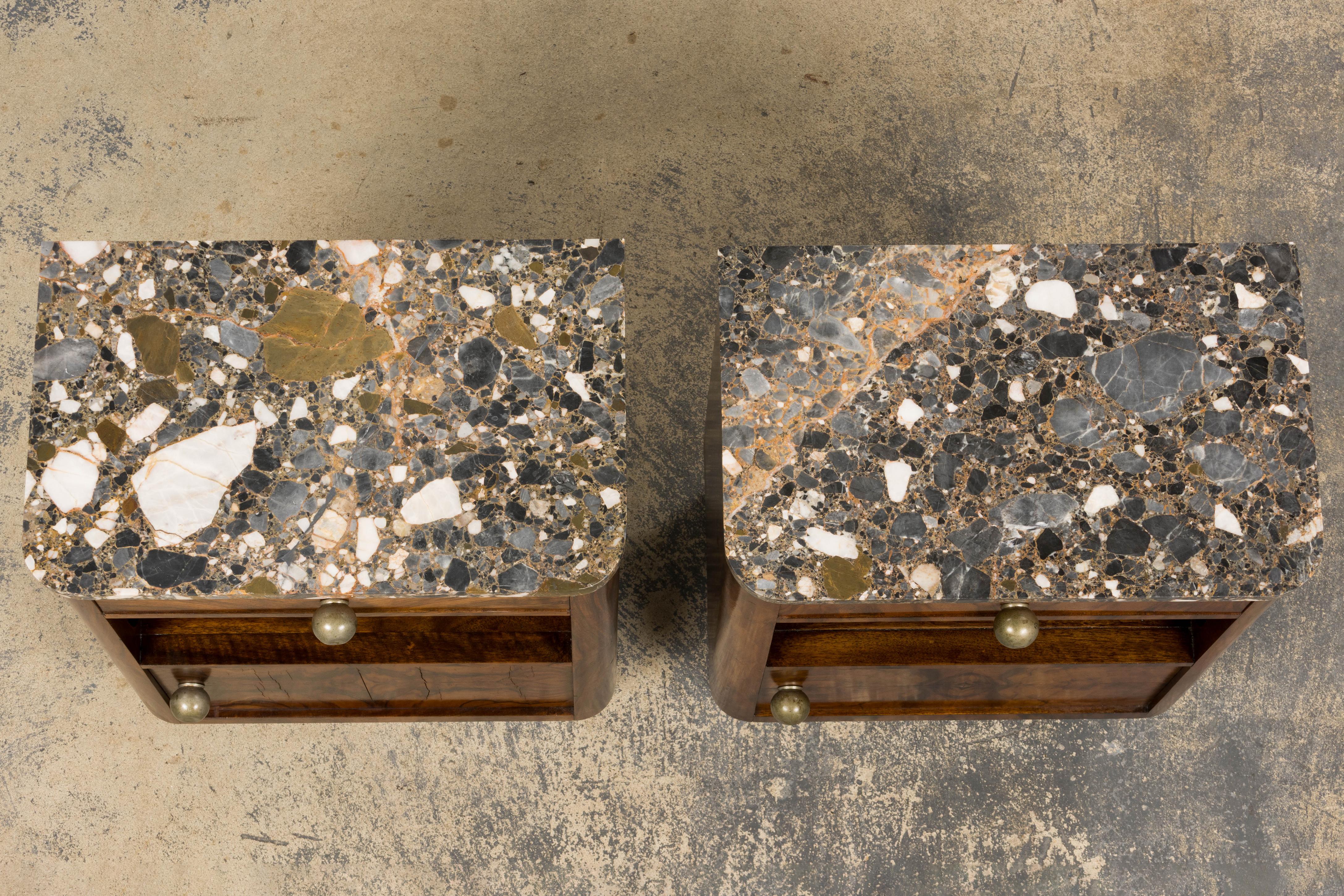 Hand-Carved 1920s French Art Deco Burl Walnut Nightstands or Side Tables W/ Marble  - A Pair For Sale