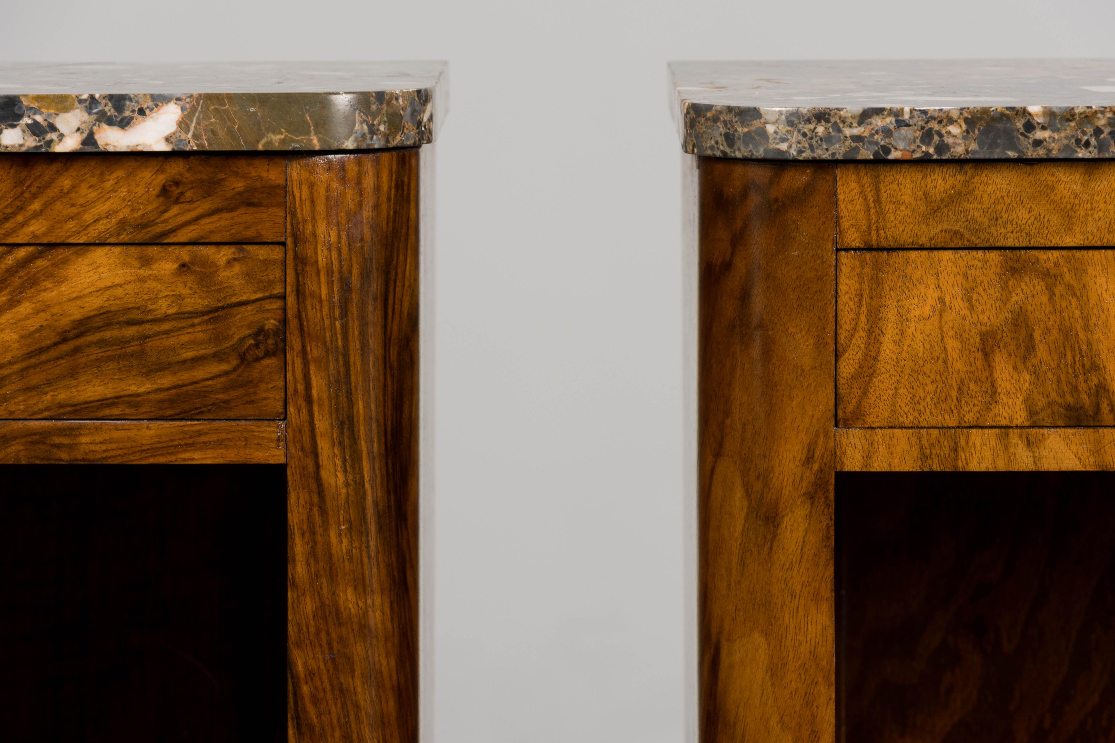 Metal 1920s French Art Deco Burl Walnut Nightstands or Side Tables W/ Marble  - A Pair For Sale