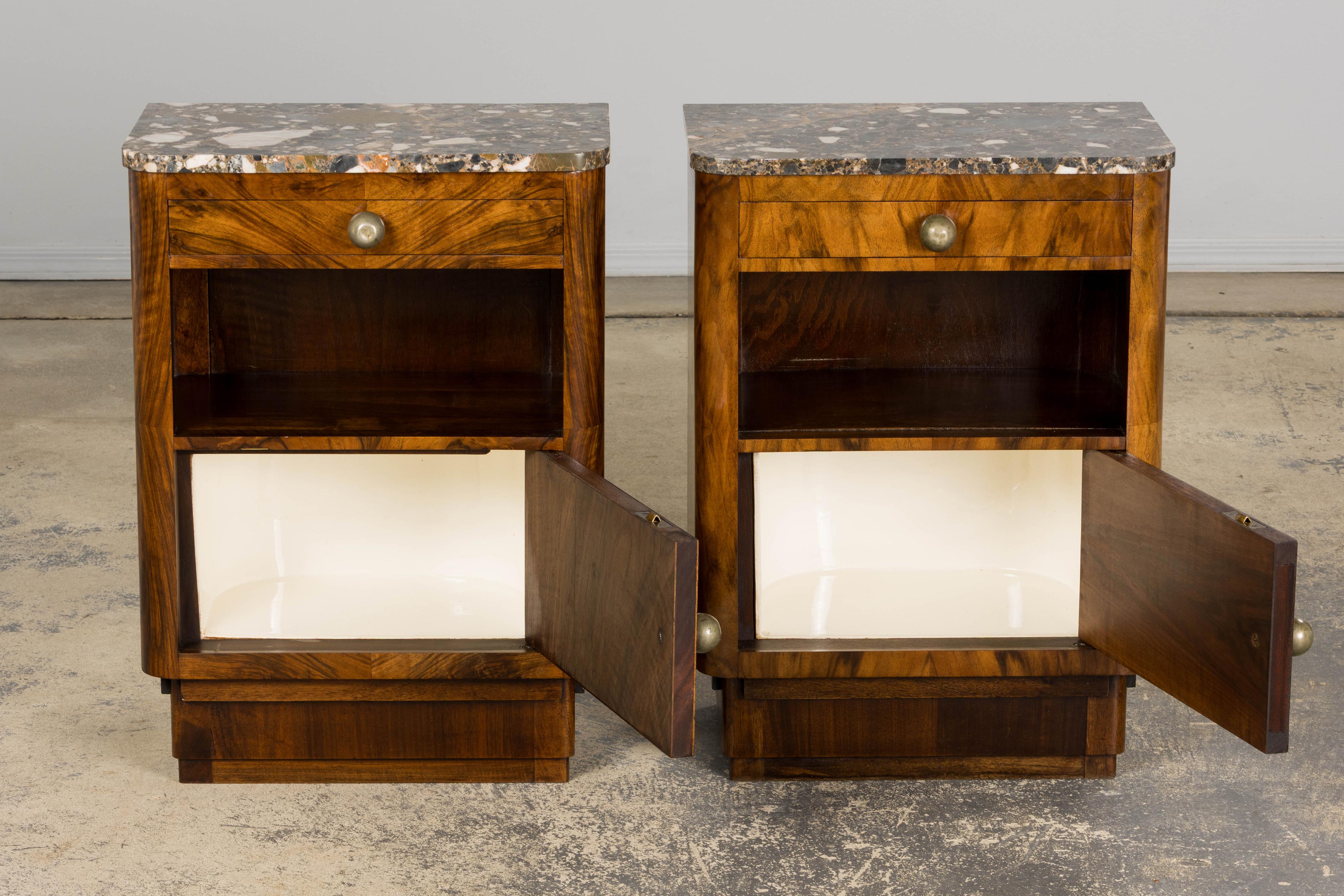 1920s French Art Deco Burl Walnut Nightstands or Side Tables W/ Marble  - A Pair For Sale 2