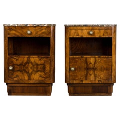 1920s French Art Deco Burl Walnut Nightstands or Side Tables W/ Marble  - A Pair