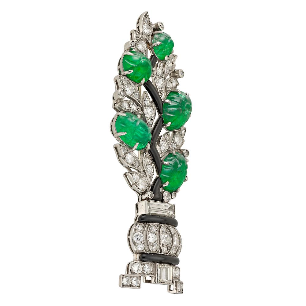Old European Cut 1920s French Art Deco Carved Emerald Diamond Platinum Bay Tree Brooch For Sale