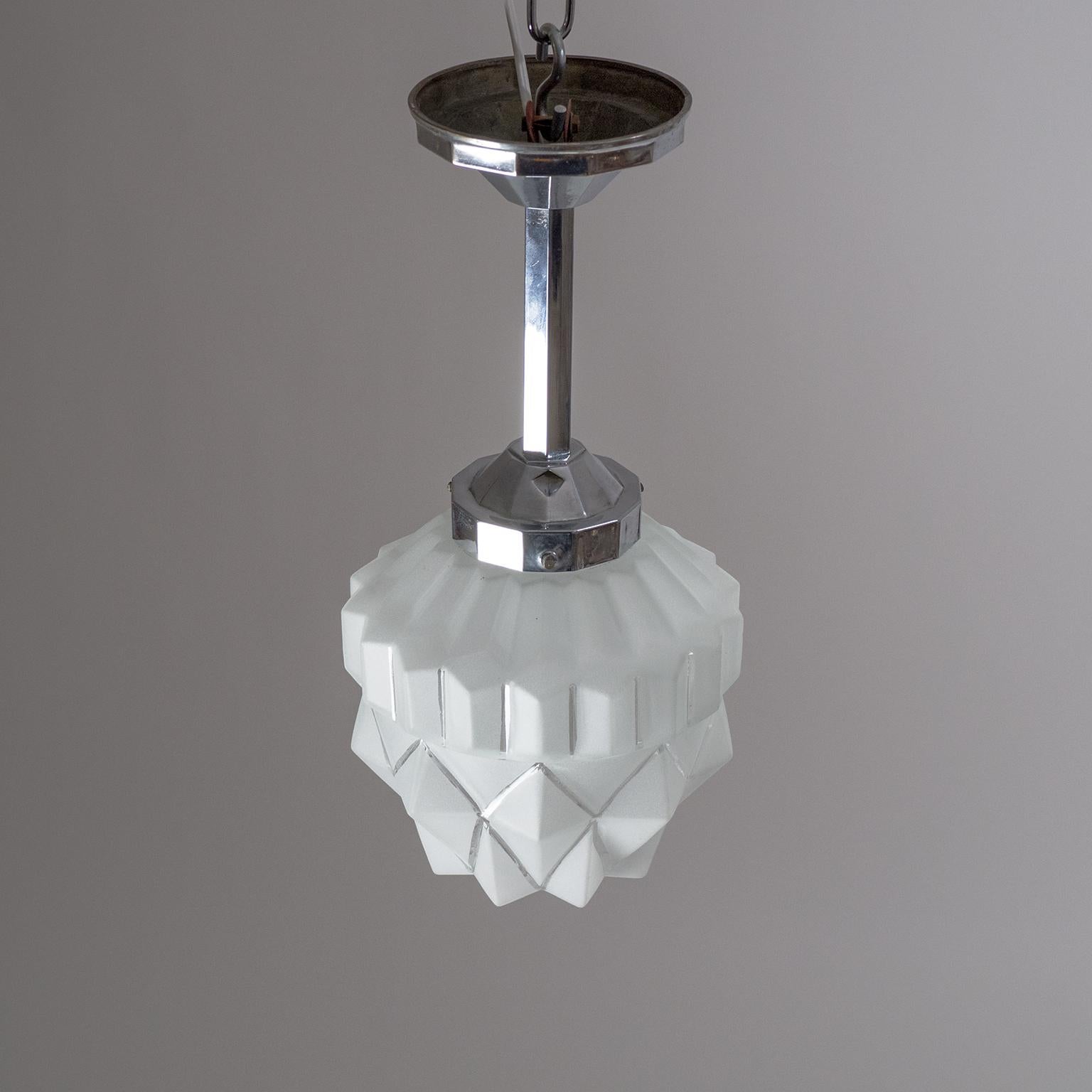 1920s French Art Deco Ceiling Light, Chrome and Frosted Glass 6