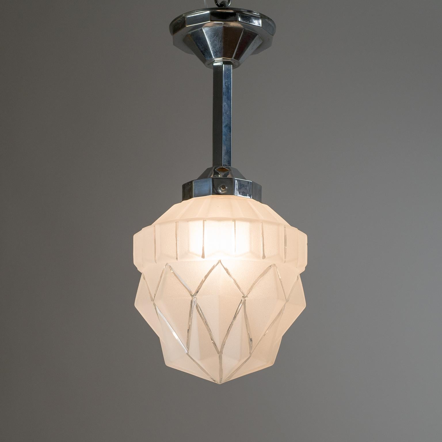 1920s French Art Deco Ceiling Light, Chrome and Frosted Glass 7