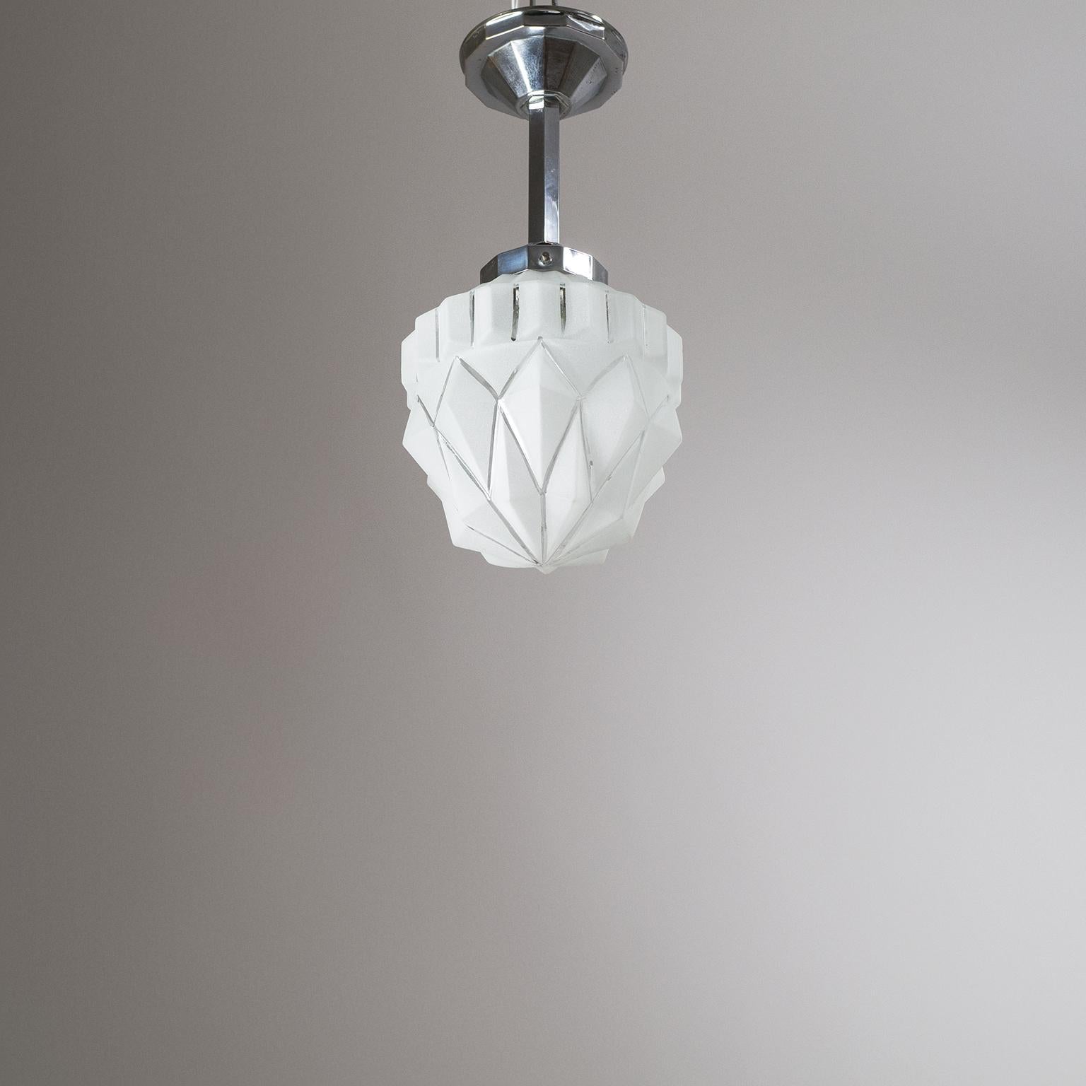 1920s French Art Deco Ceiling Light, Chrome and Frosted Glass 9